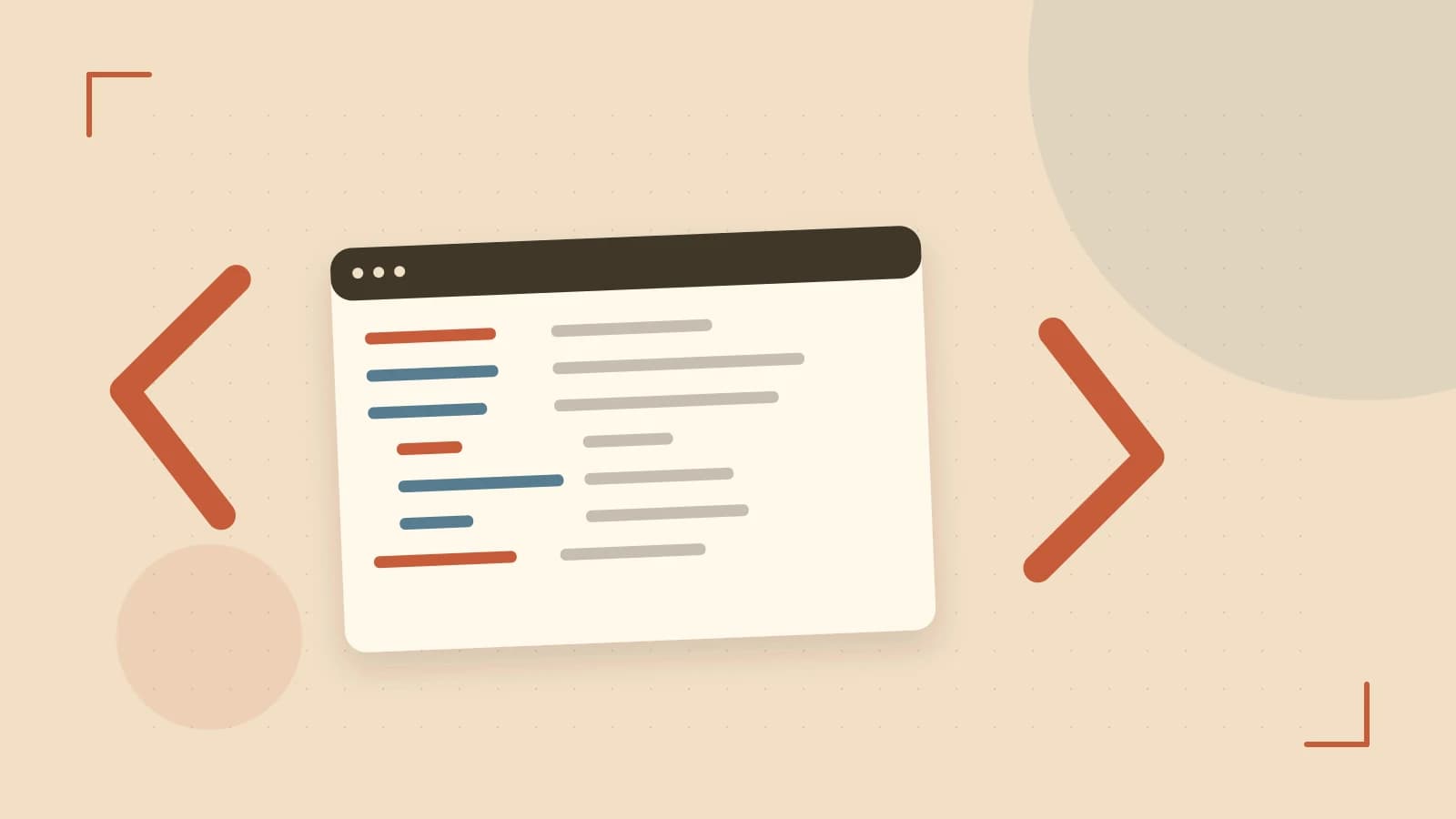 Editorial illustration of an abstract code editor, syntax blocks and oversized programming brackets