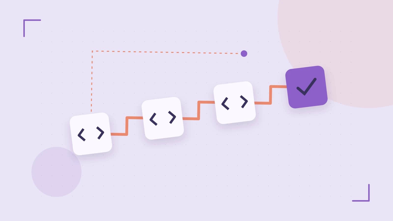 Editorial illustration of a branching build pipeline, staged transformations and a completed check