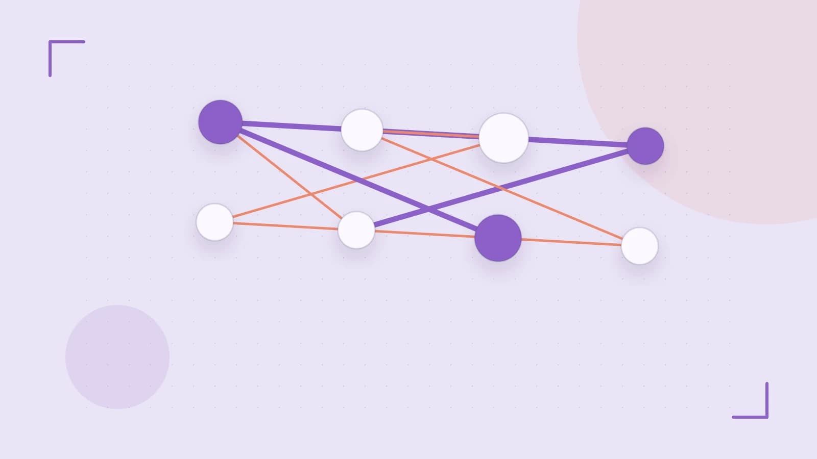 Editorial illustration of an algorithmic node graph with branching paths and a highlighted result