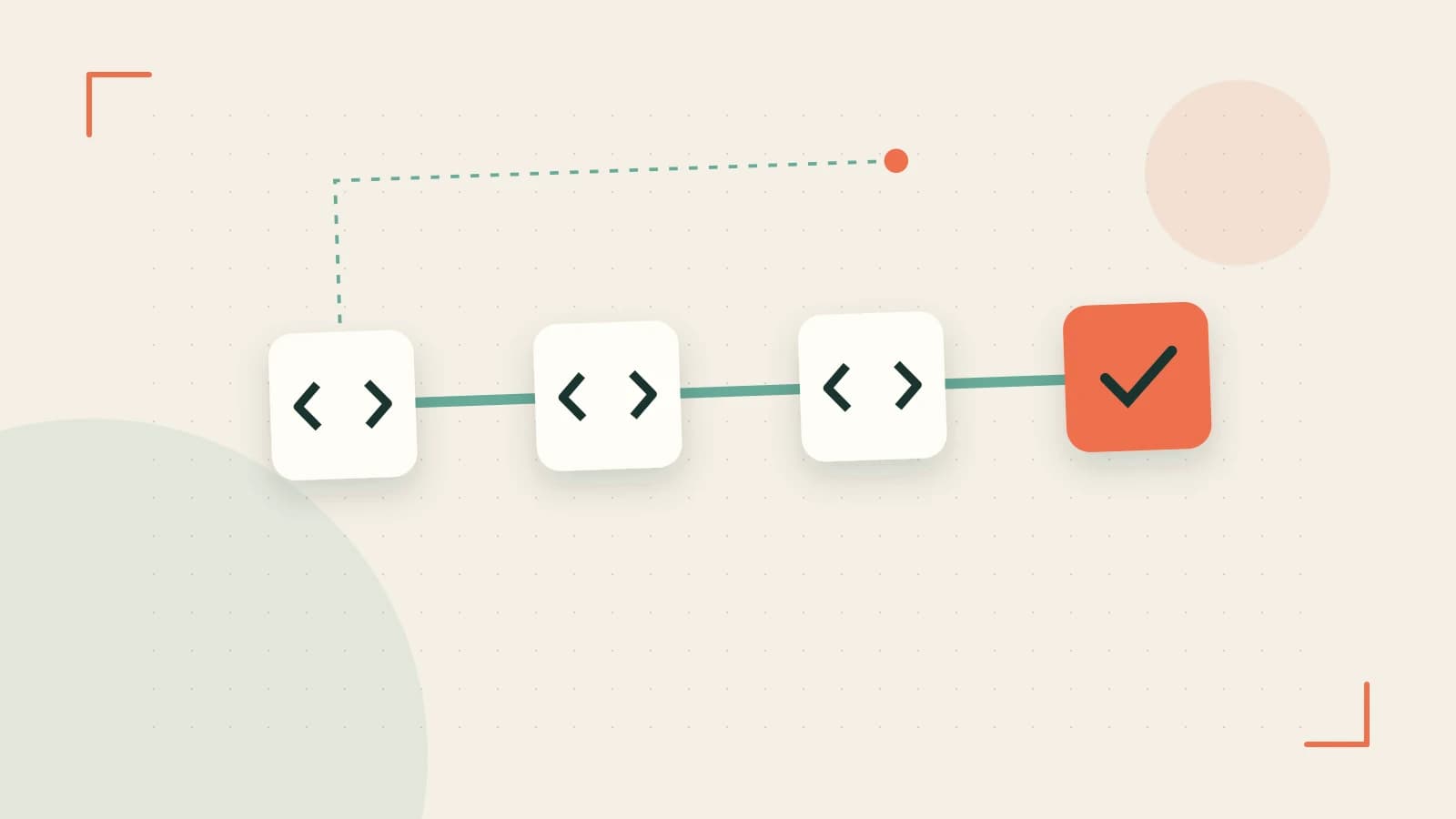 Editorial illustration of a branching build pipeline, staged transformations and a completed check
