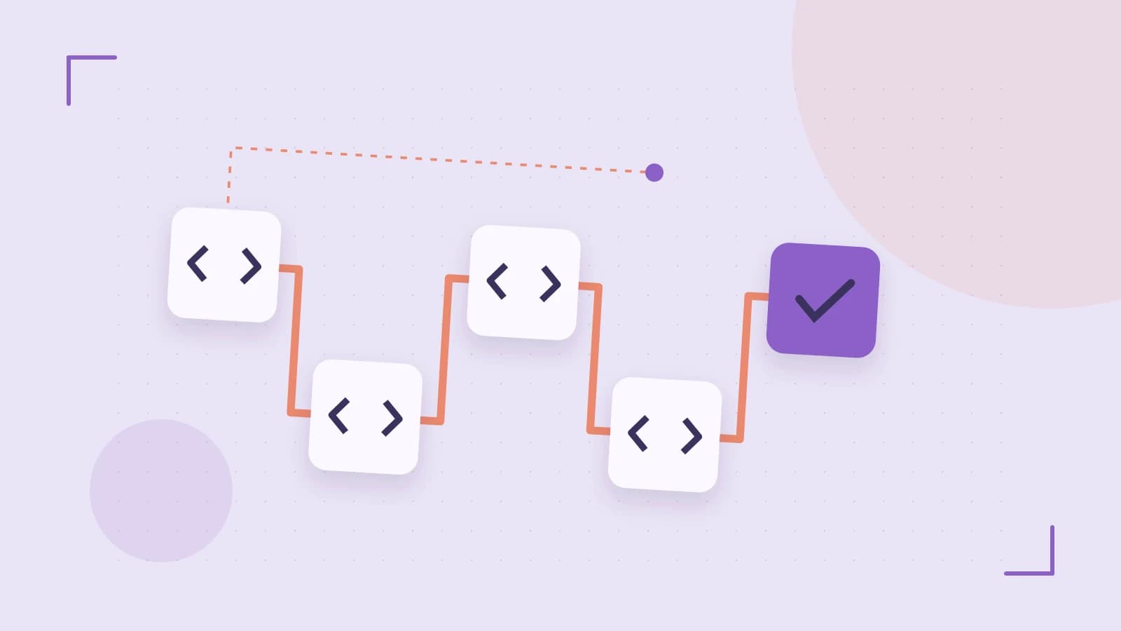 Editorial illustration of a branching build pipeline, staged transformations and a completed check