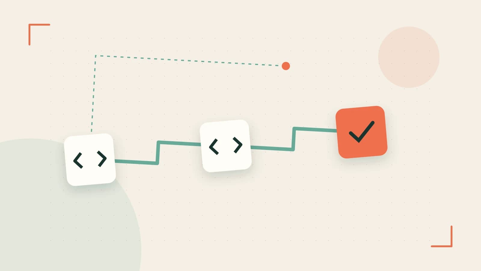 Editorial illustration of a branching build pipeline, staged transformations and a completed check