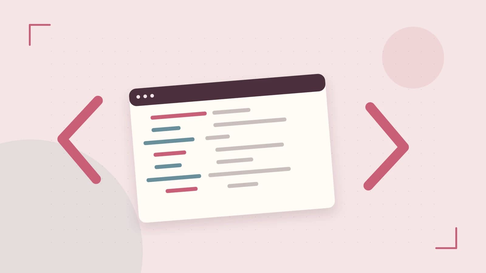 Editorial illustration of an abstract code editor, syntax blocks and oversized programming brackets