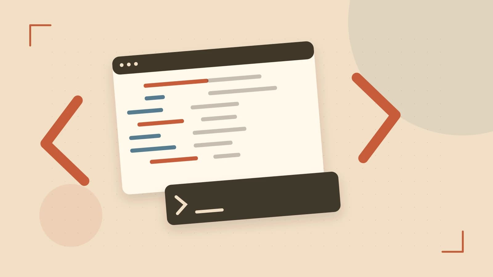 Editorial illustration of an abstract code editor, syntax blocks and oversized programming brackets