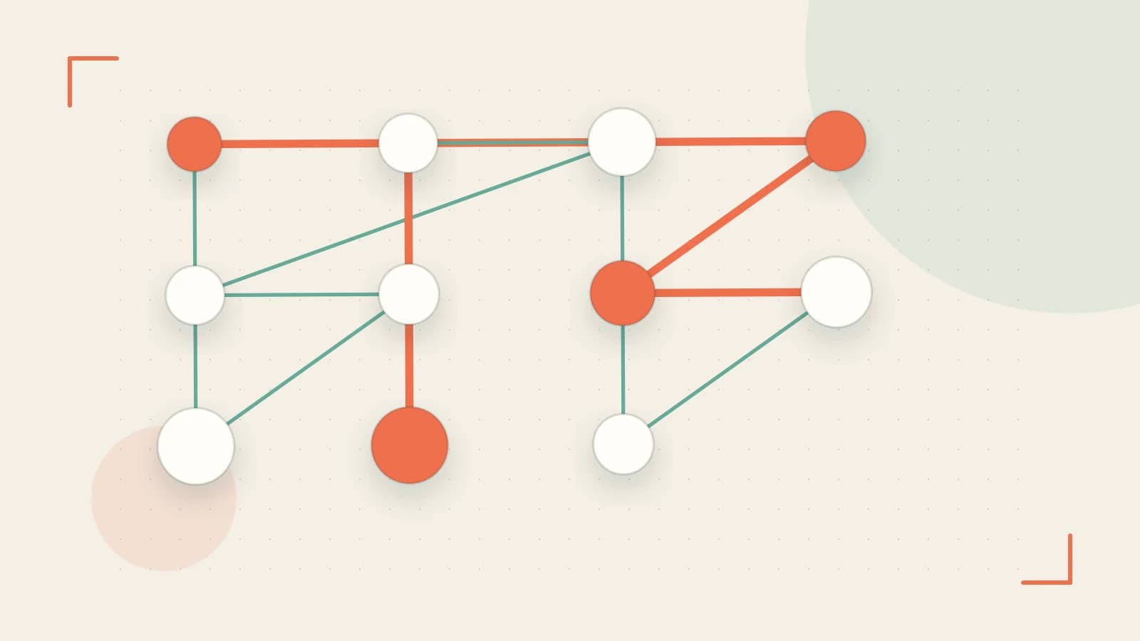 Editorial illustration of an algorithmic node graph with branching paths and a highlighted result