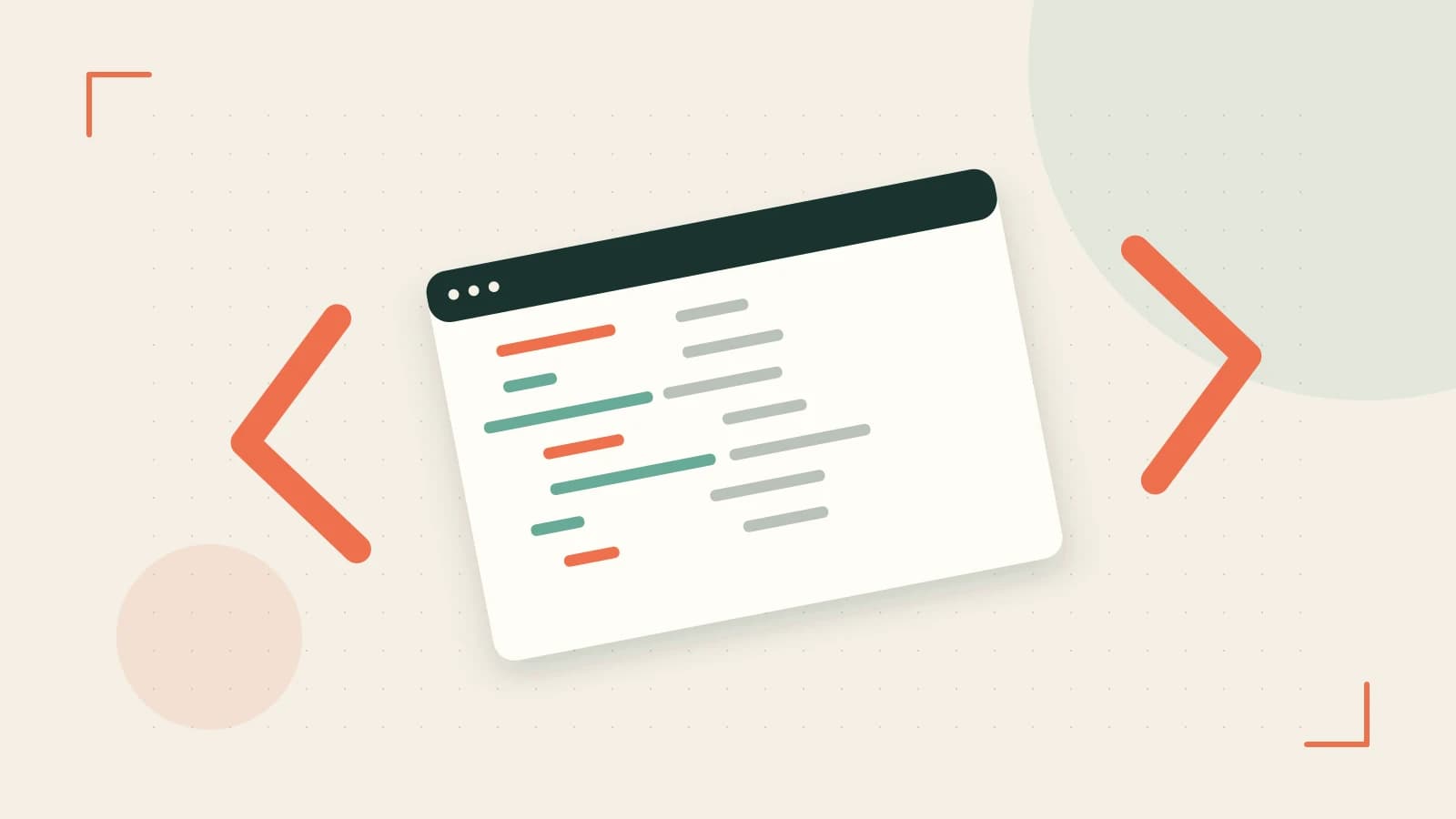 Editorial illustration of an abstract code editor, syntax blocks and oversized programming brackets