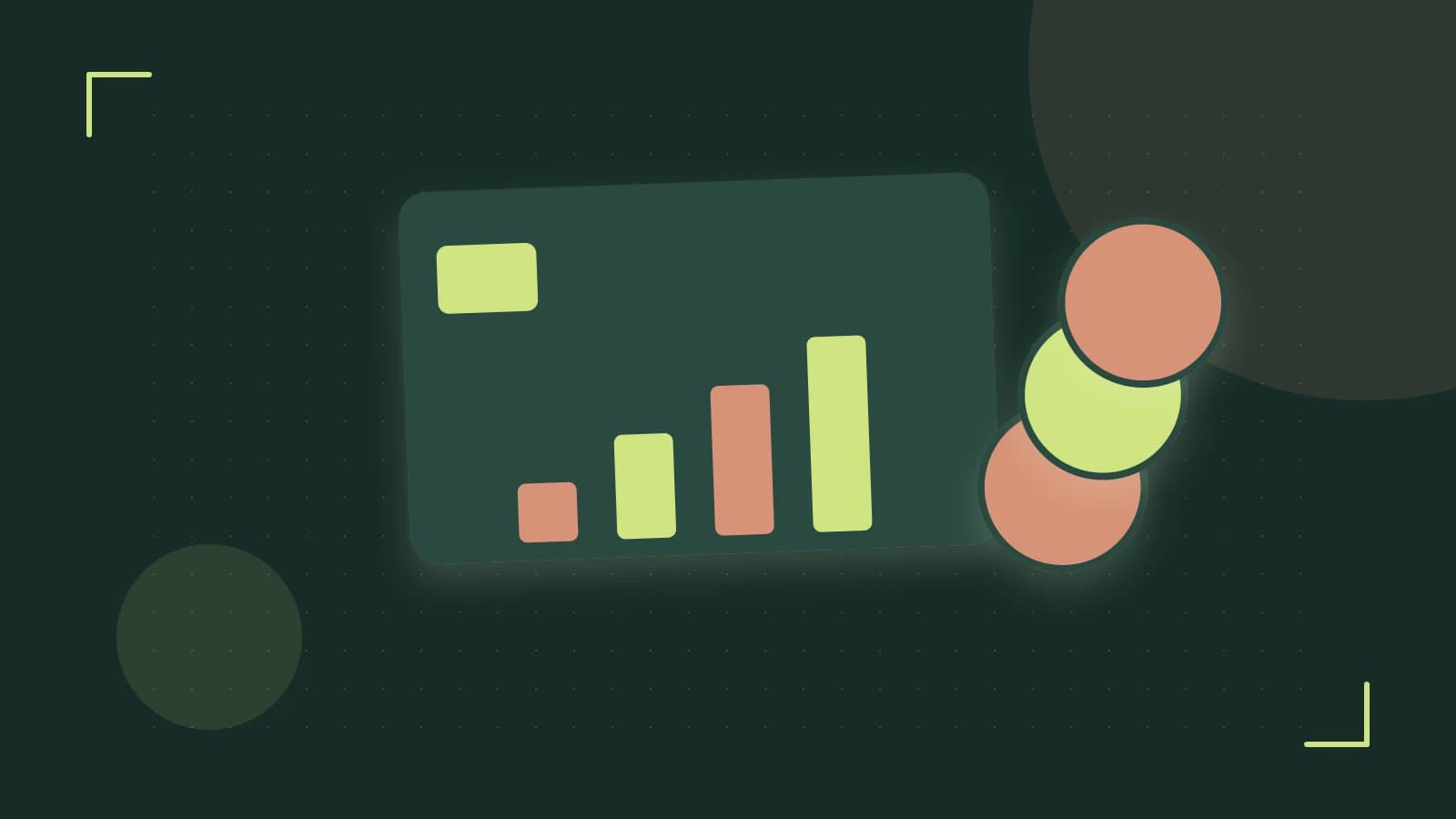 Editorial illustration of abstract coins, a payment card and a geometric financial chart without data labels