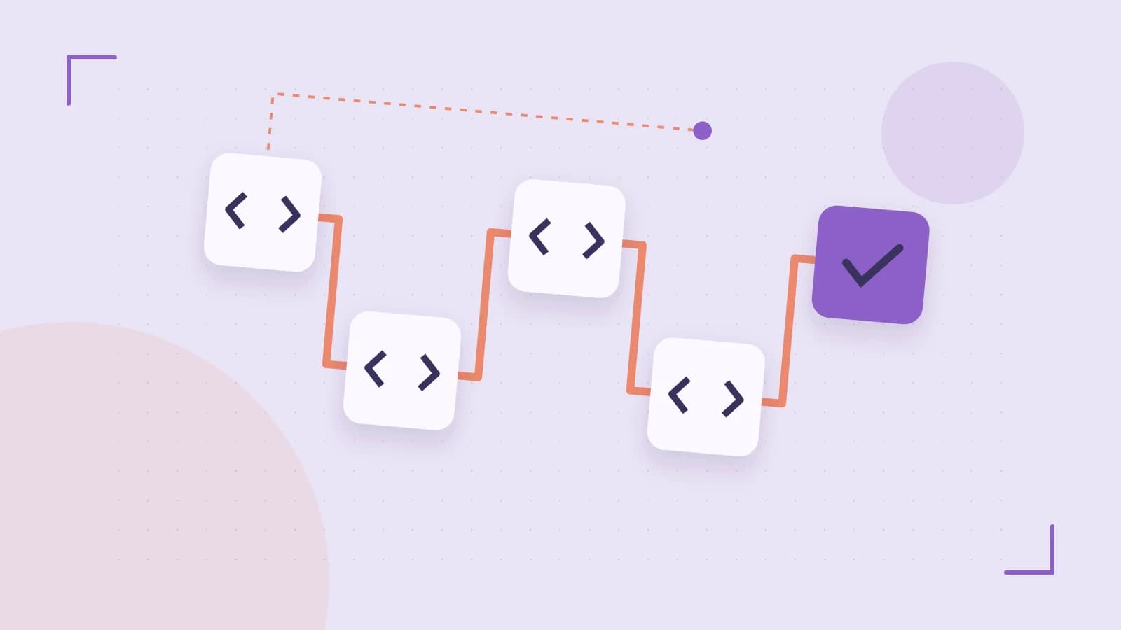 Editorial illustration of a branching build pipeline, staged transformations and a completed check