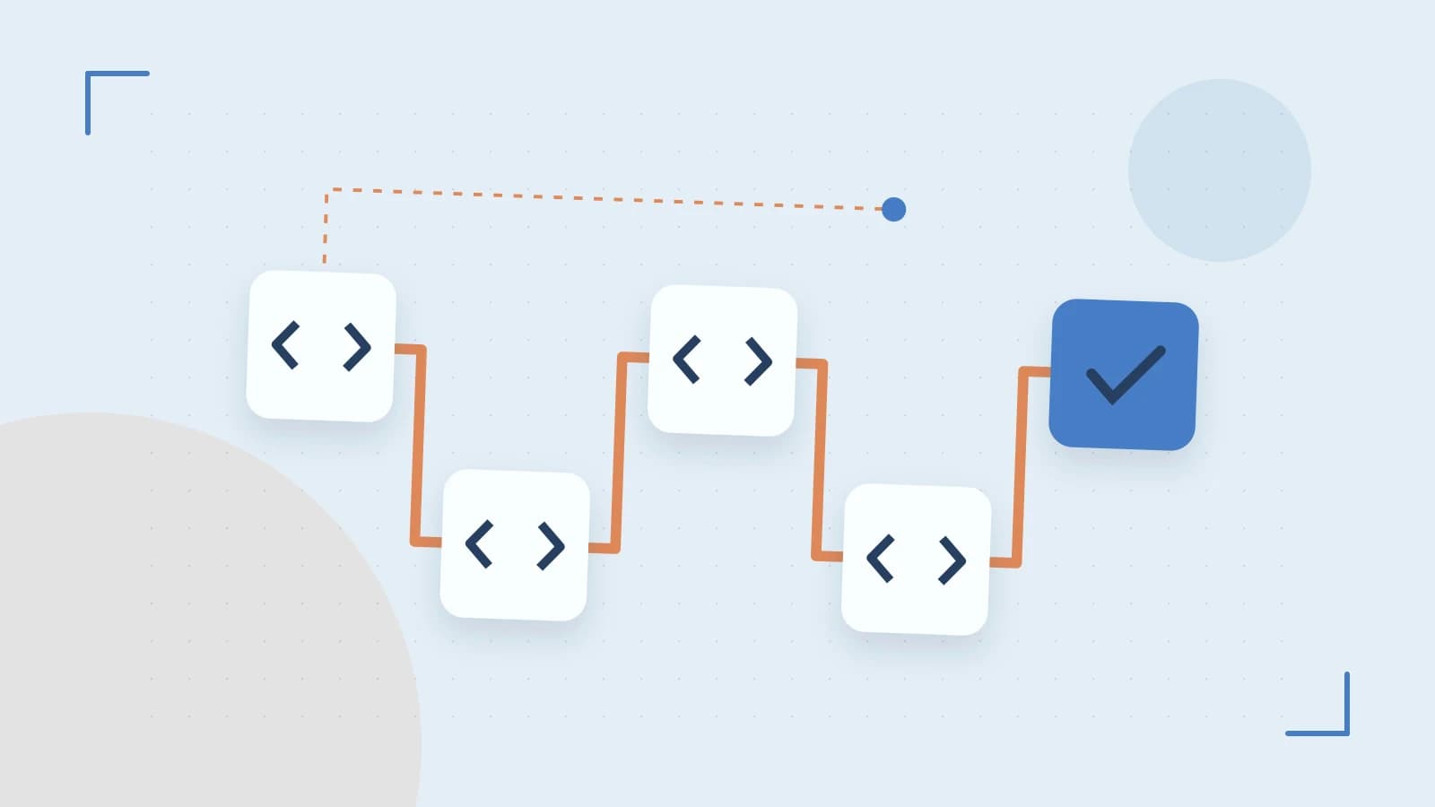 Editorial illustration of a branching build pipeline, staged transformations and a completed check