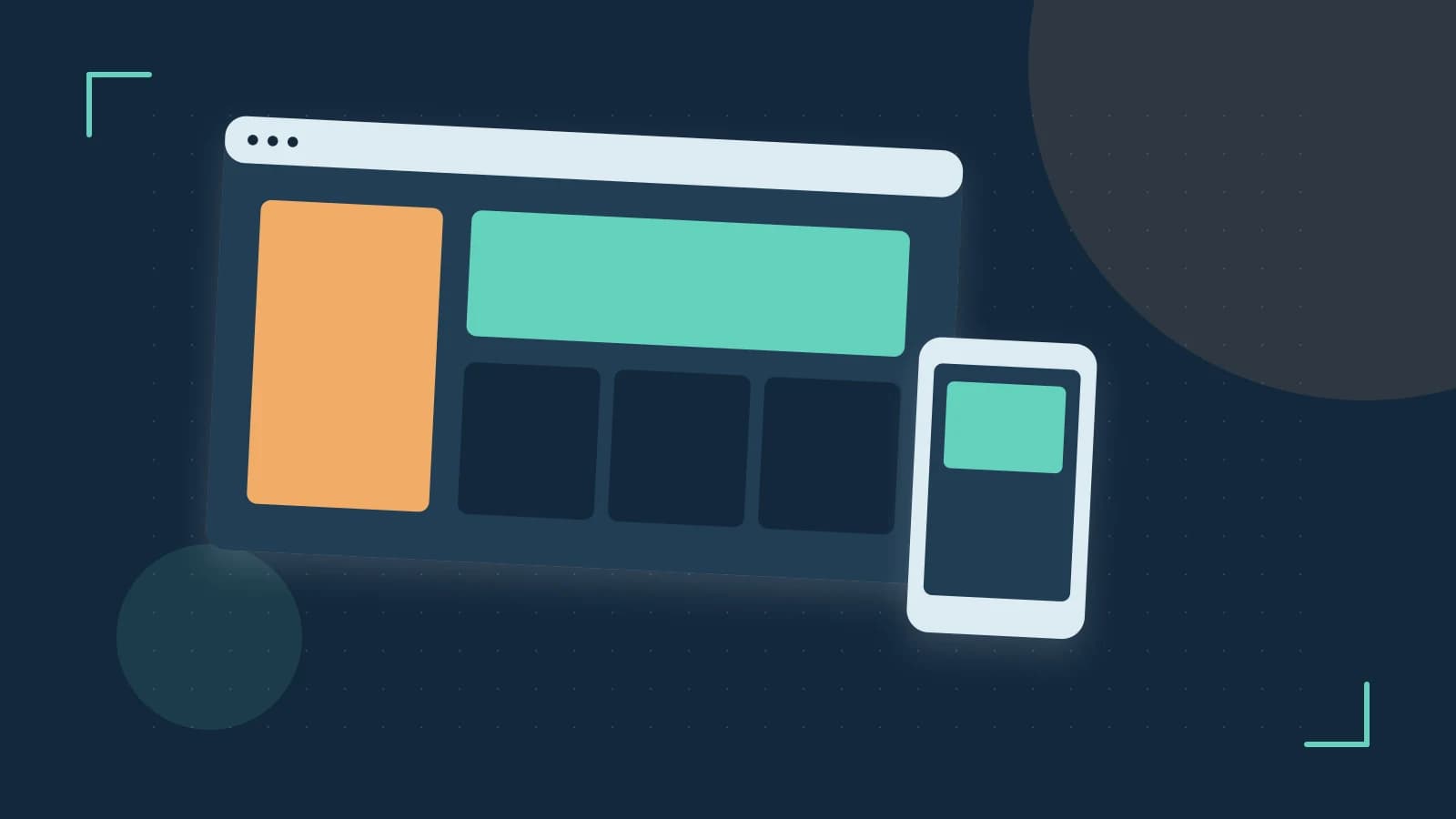 Editorial illustration of responsive browser layouts, overlapping design components and a color system