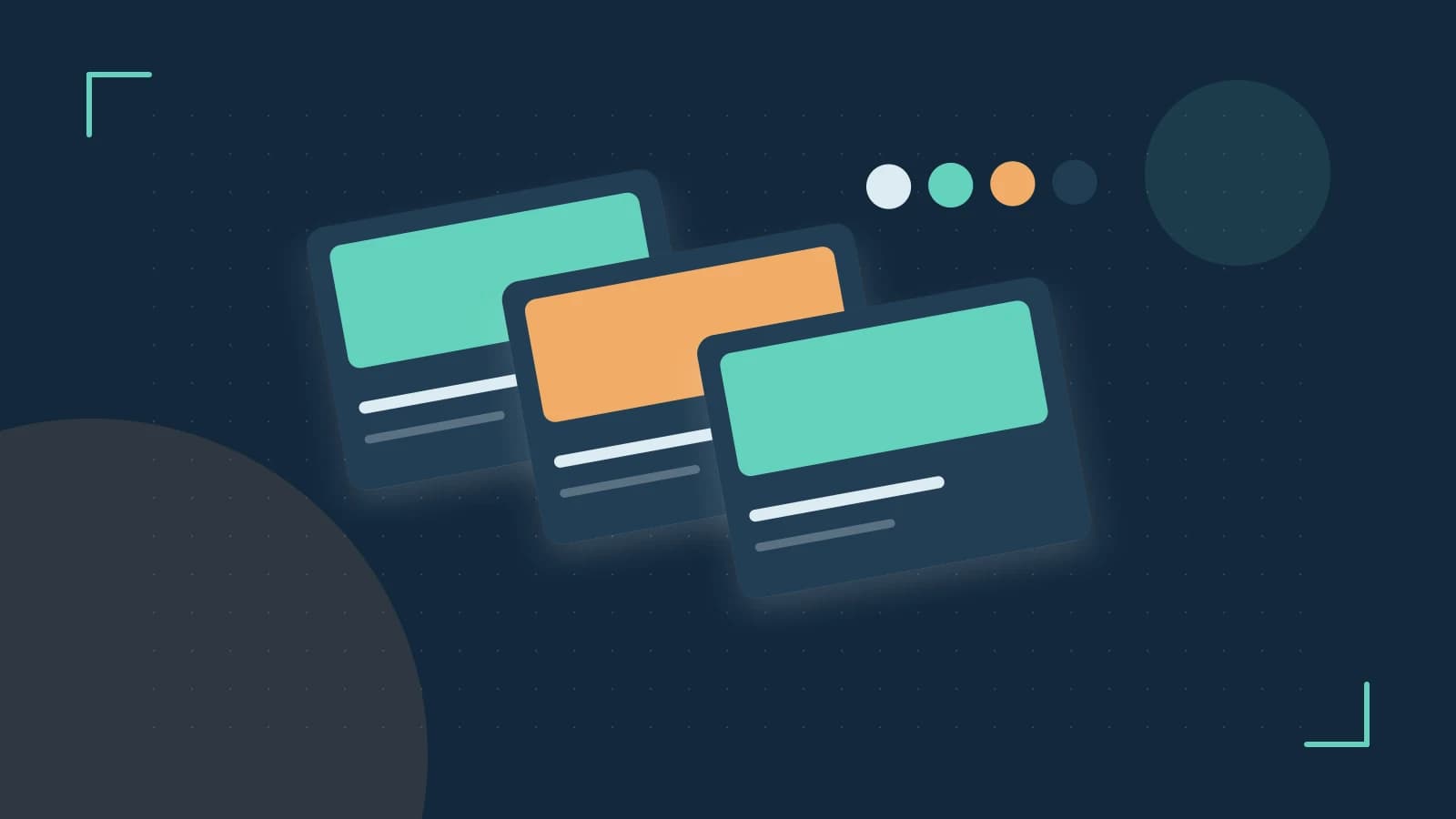 Editorial illustration of responsive browser layouts, overlapping design components and a color system