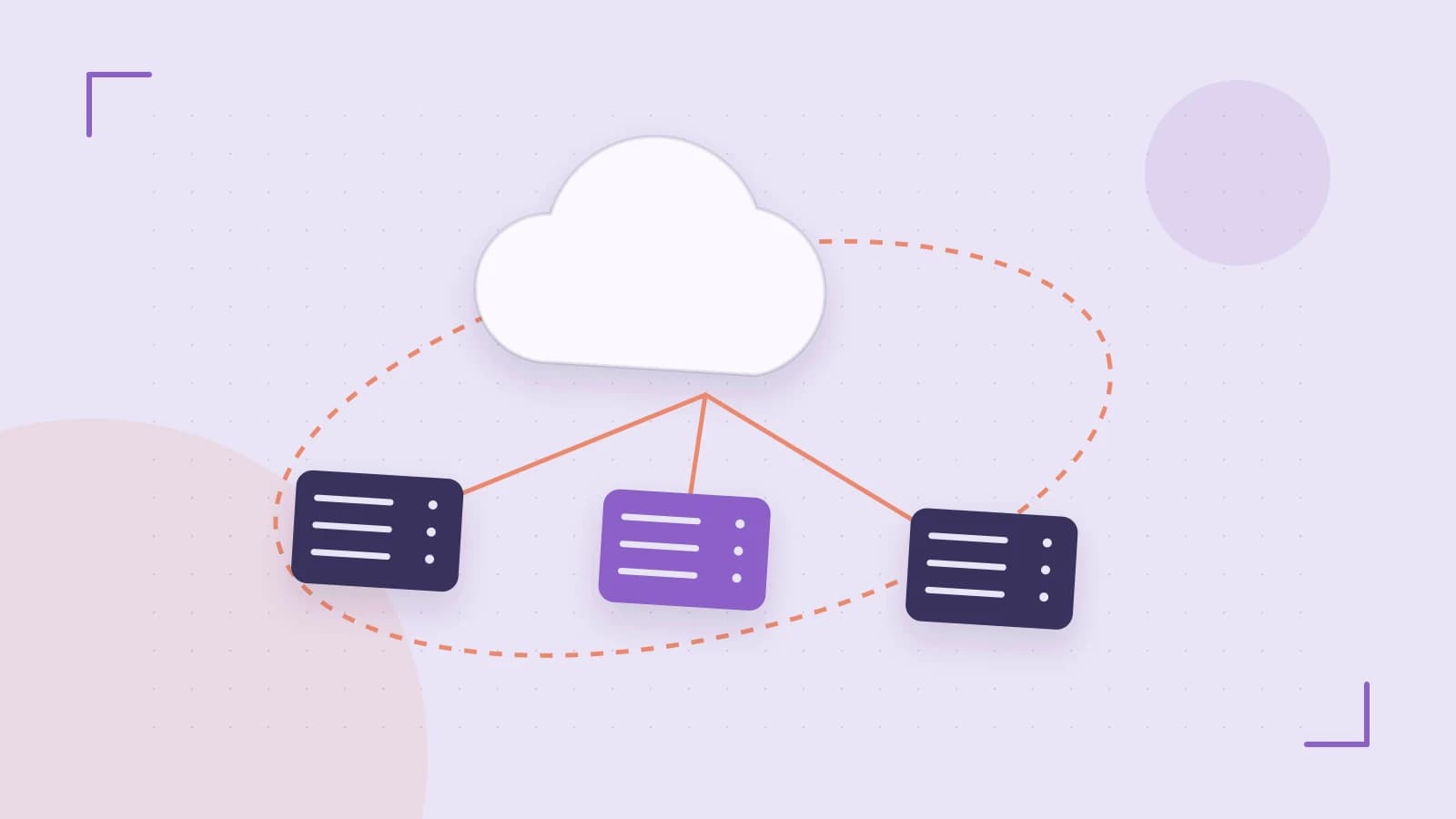 Editorial illustration of cloud infrastructure, connected server racks and an orbital service map