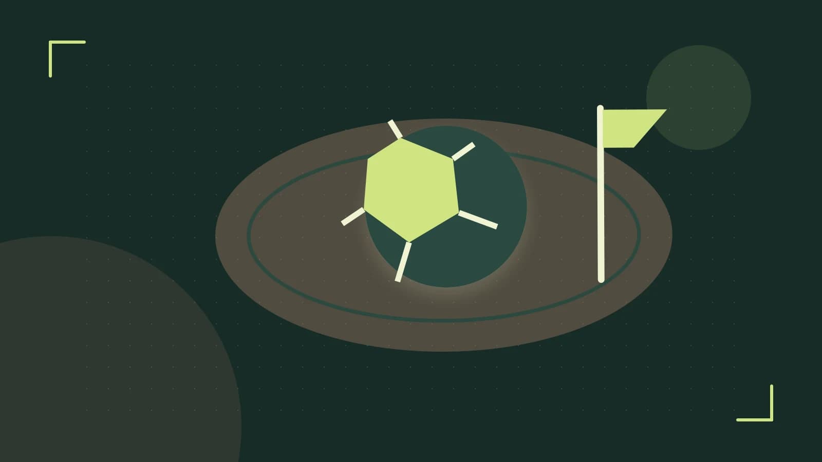 Editorial illustration of a stylized sports ball, stadium geometry and dynamic arcs