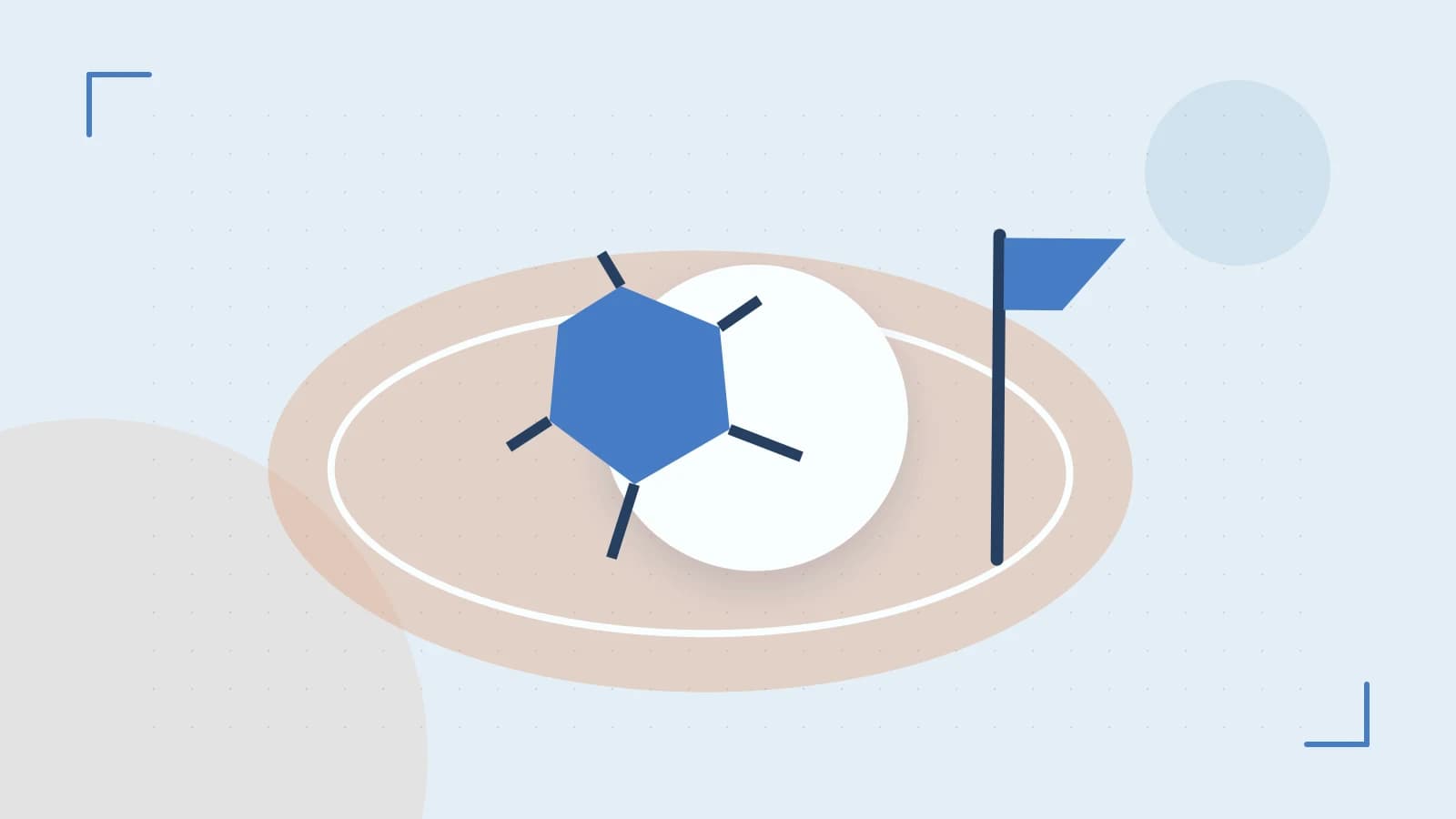 Editorial illustration of a stylized sports ball, stadium geometry and dynamic arcs