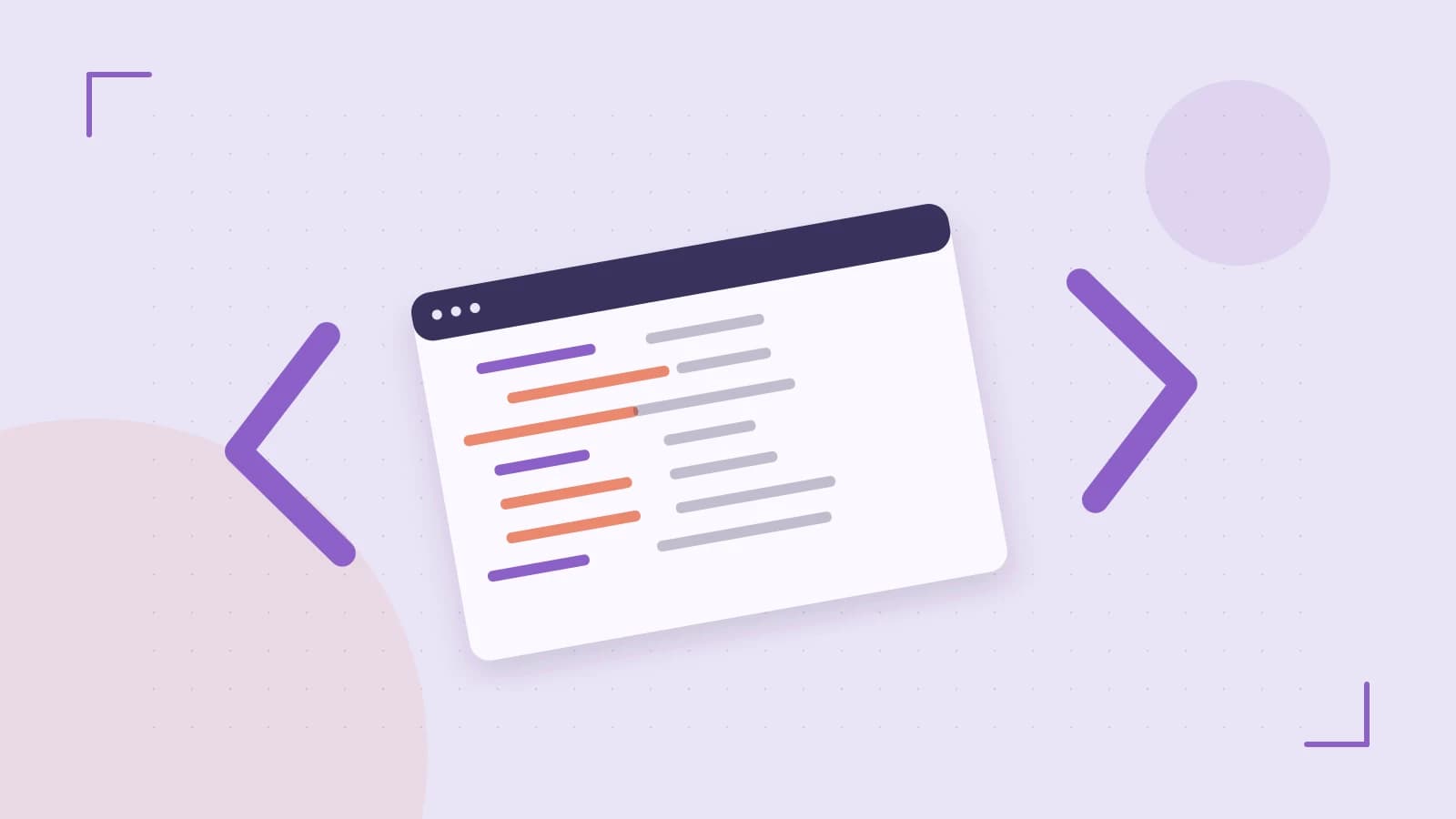 Editorial illustration of an abstract code editor, syntax blocks and oversized programming brackets