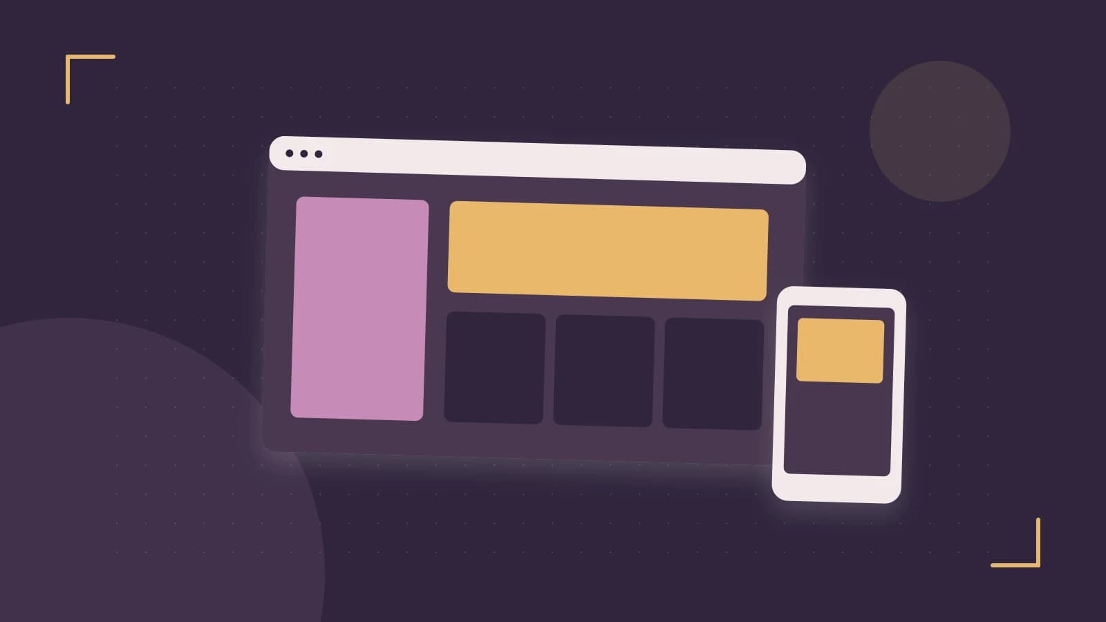 Editorial illustration of responsive browser layouts, overlapping design components and a color system