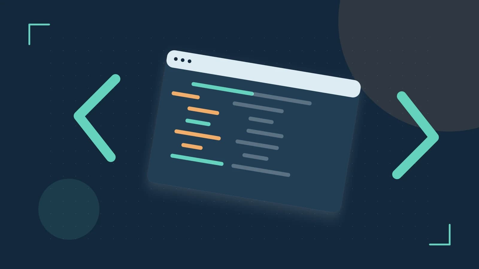 Editorial illustration of an abstract code editor, syntax blocks and oversized programming brackets