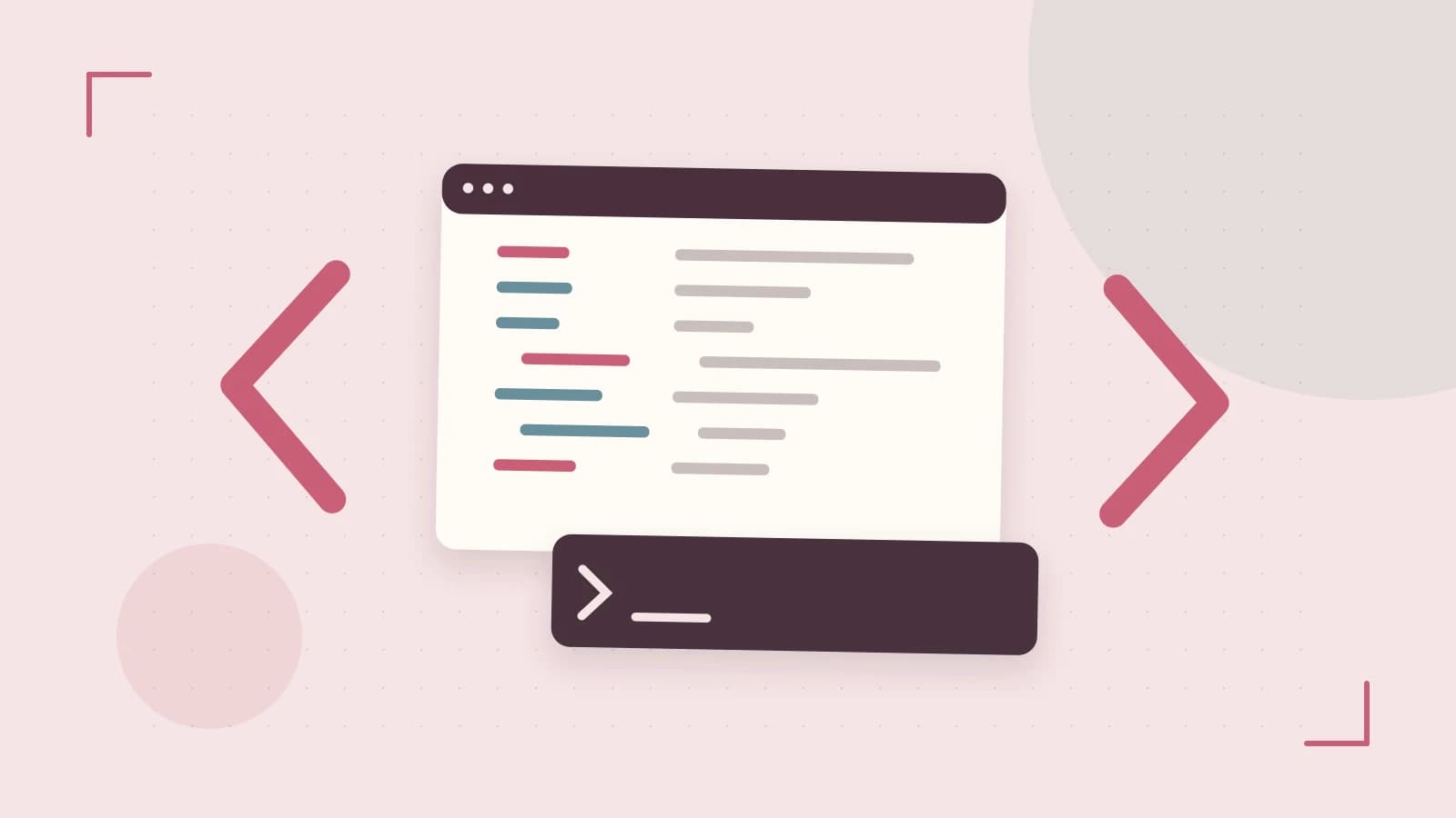 Editorial illustration of an abstract code editor, syntax blocks and oversized programming brackets