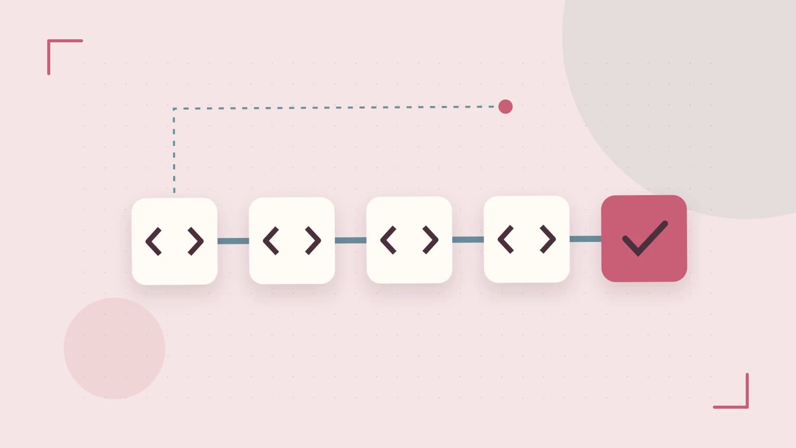 Editorial illustration of a branching build pipeline, staged transformations and a completed check