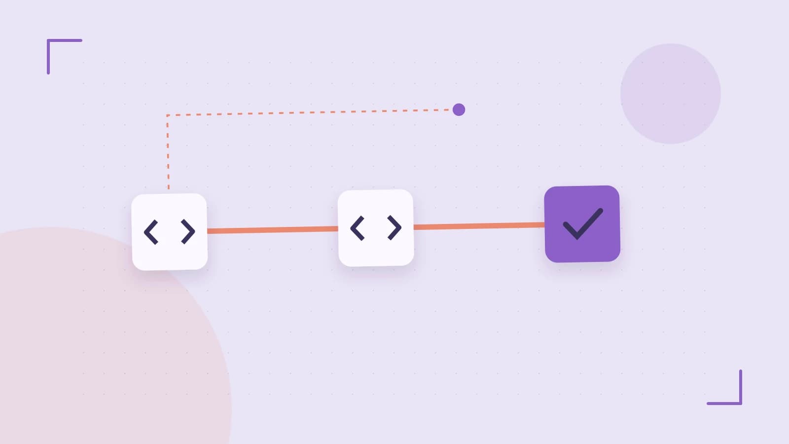 Editorial illustration of a branching build pipeline, staged transformations and a completed check