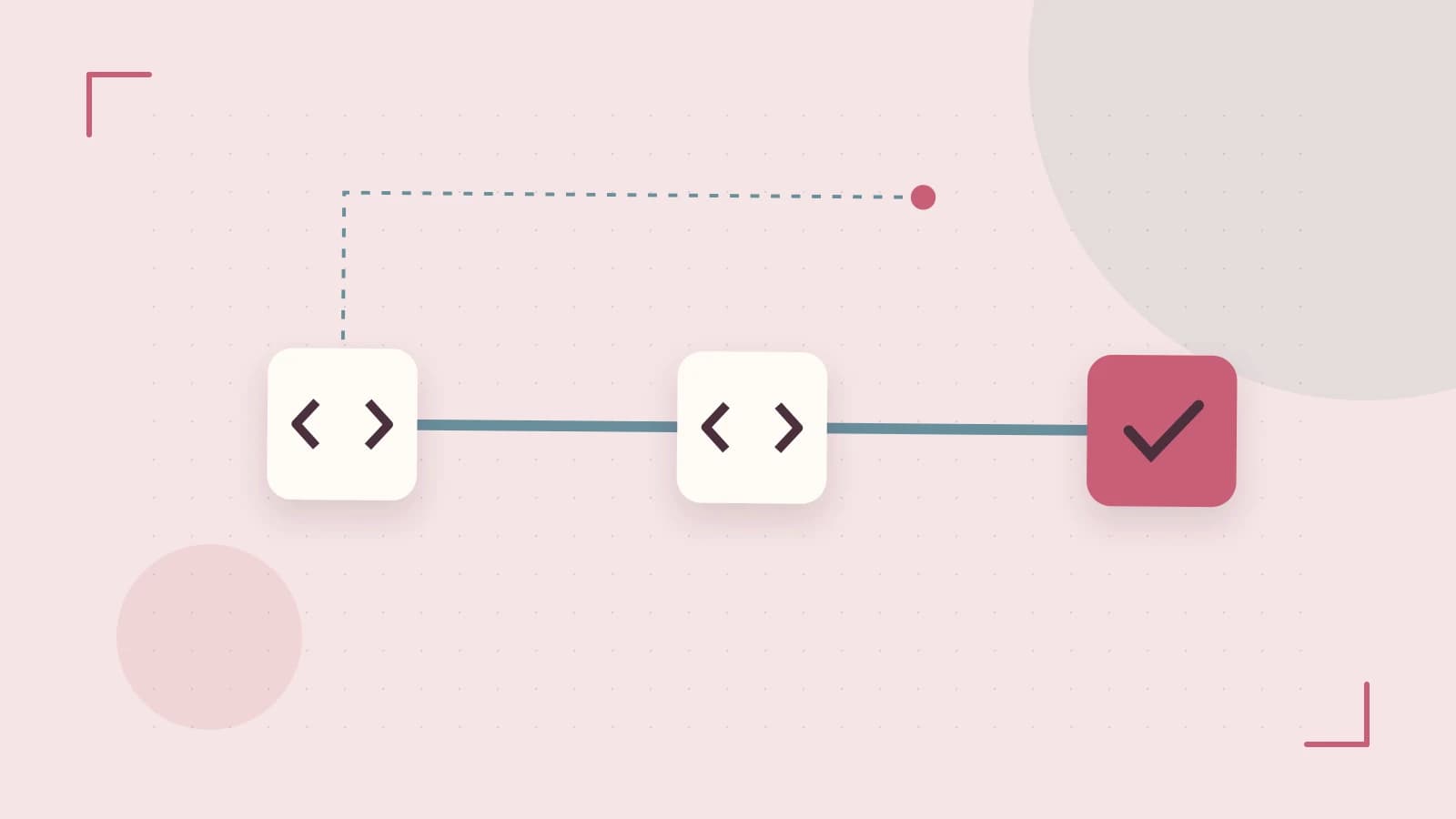 Editorial illustration of a branching build pipeline, staged transformations and a completed check