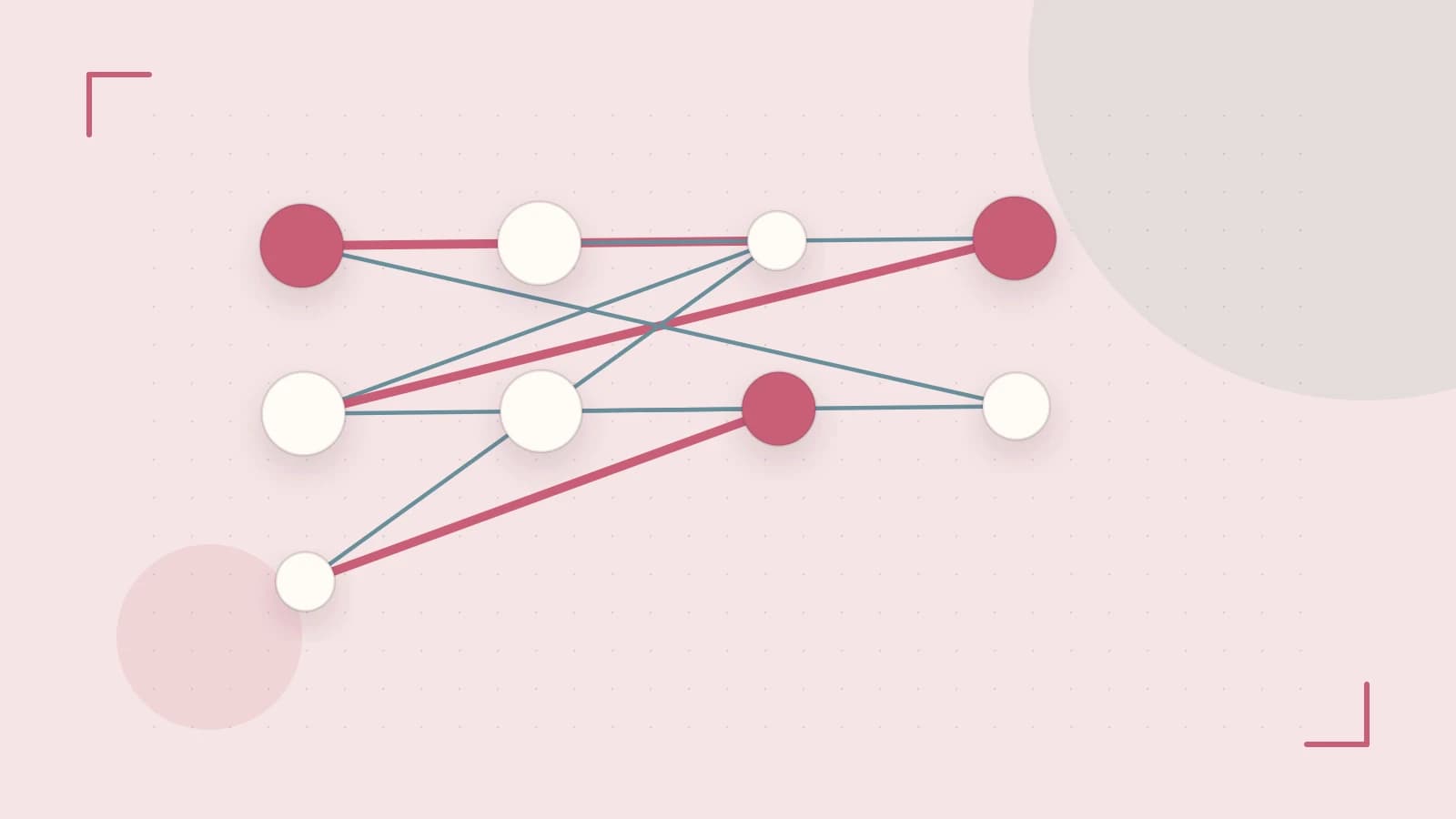 Editorial illustration of an algorithmic node graph with branching paths and a highlighted result