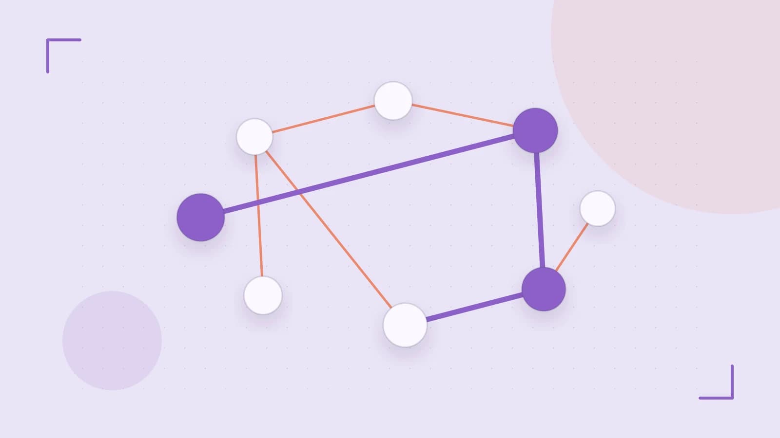 Editorial illustration of an algorithmic node graph with branching paths and a highlighted result