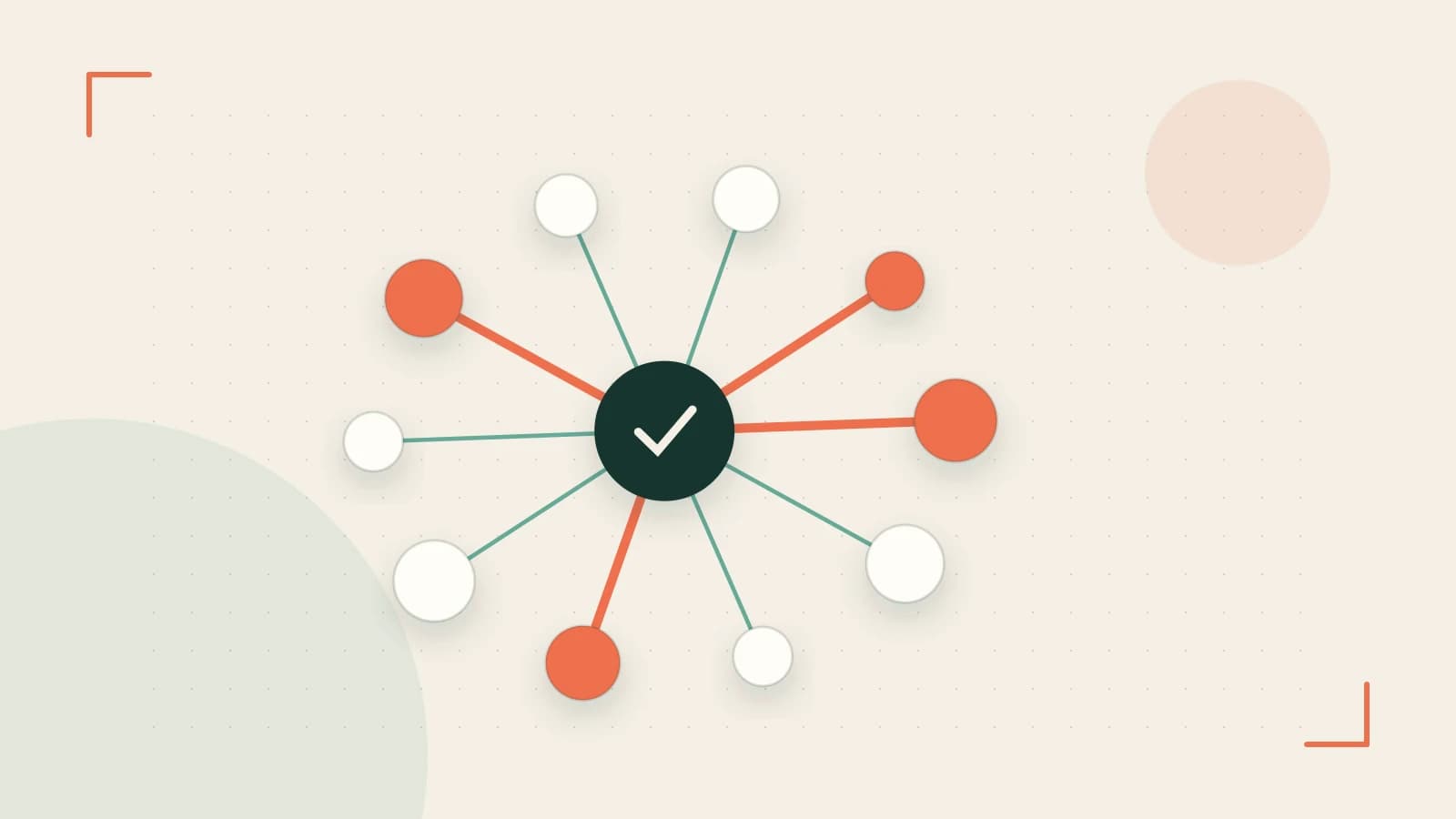 Editorial illustration of an algorithmic node graph with branching paths and a highlighted result