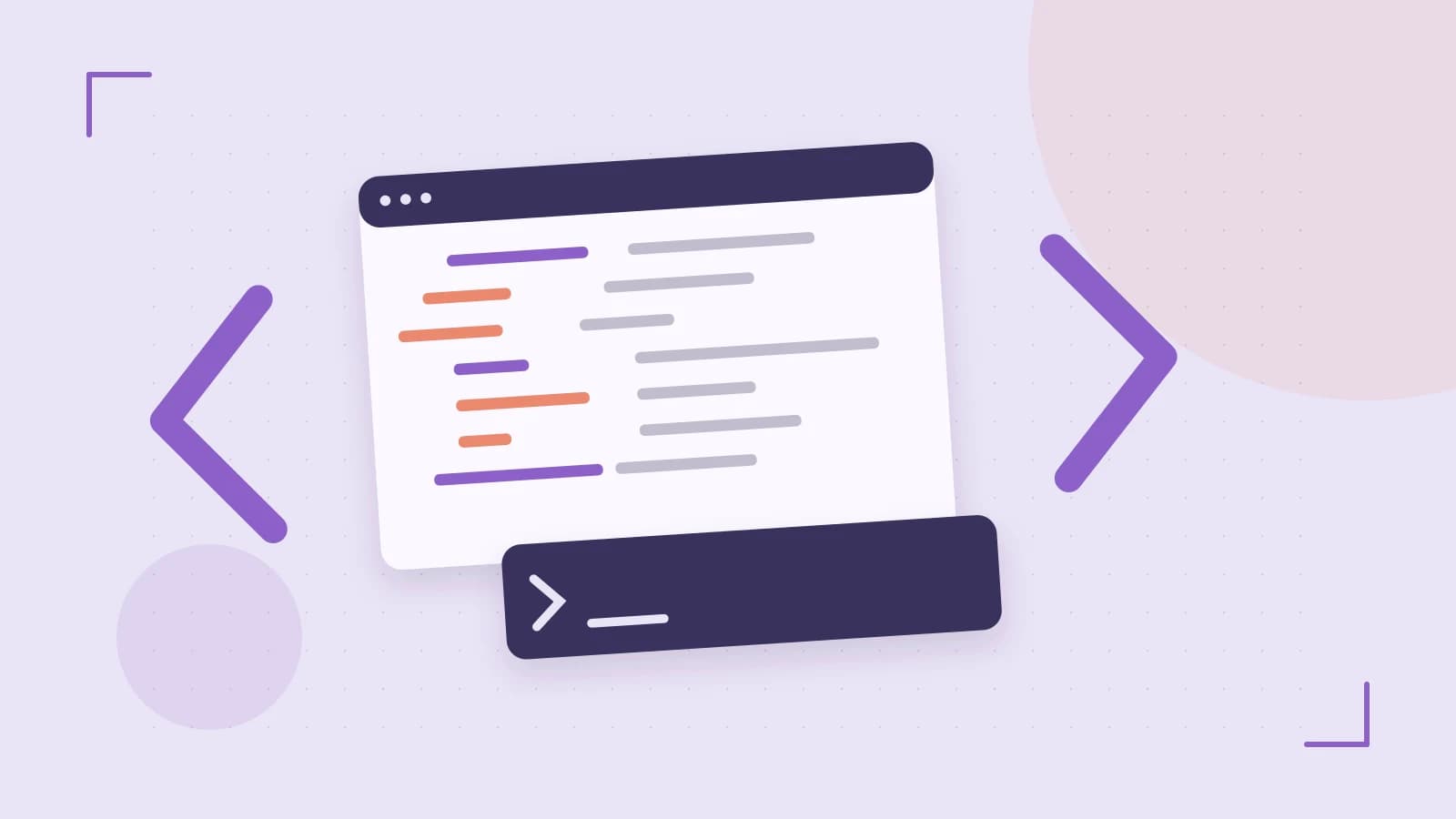 Editorial illustration of an abstract code editor, syntax blocks and oversized programming brackets