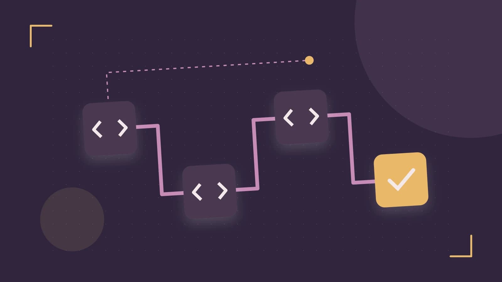 Editorial illustration of a branching build pipeline, staged transformations and a completed check