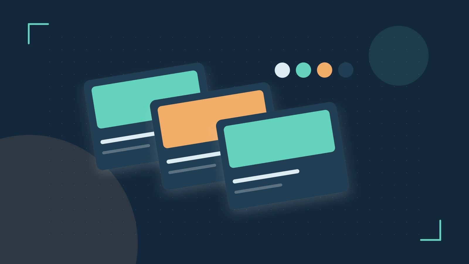 Editorial illustration of responsive browser layouts, overlapping design components and a color system
