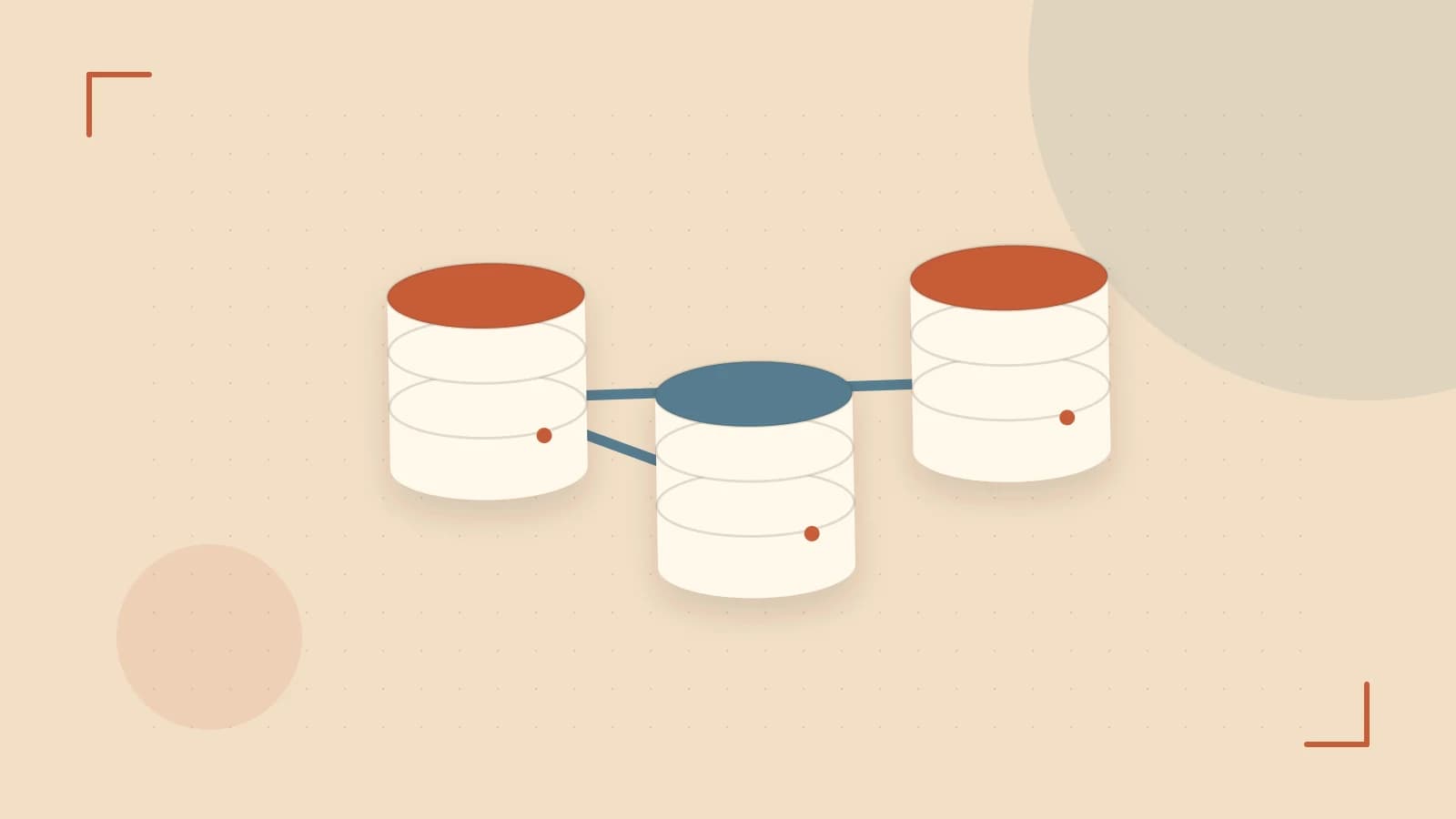Editorial illustration of structured records, database cylinders and relationships between tables
