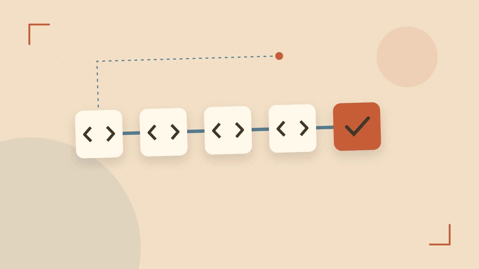 Editorial illustration of a branching build pipeline, staged transformations and a completed check
