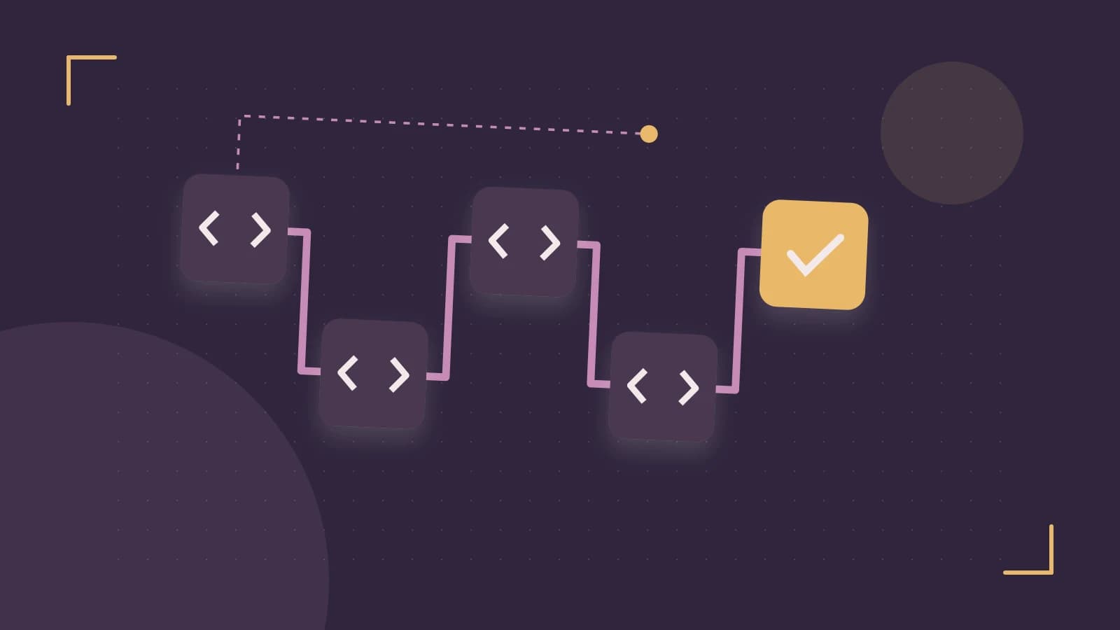 Editorial illustration of a branching build pipeline, staged transformations and a completed check