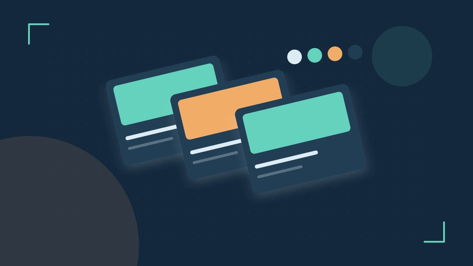 Editorial illustration of responsive browser layouts, overlapping design components and a color system