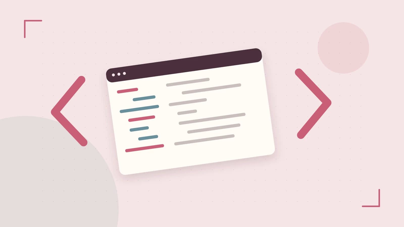 Editorial illustration of an abstract code editor, syntax blocks and oversized programming brackets