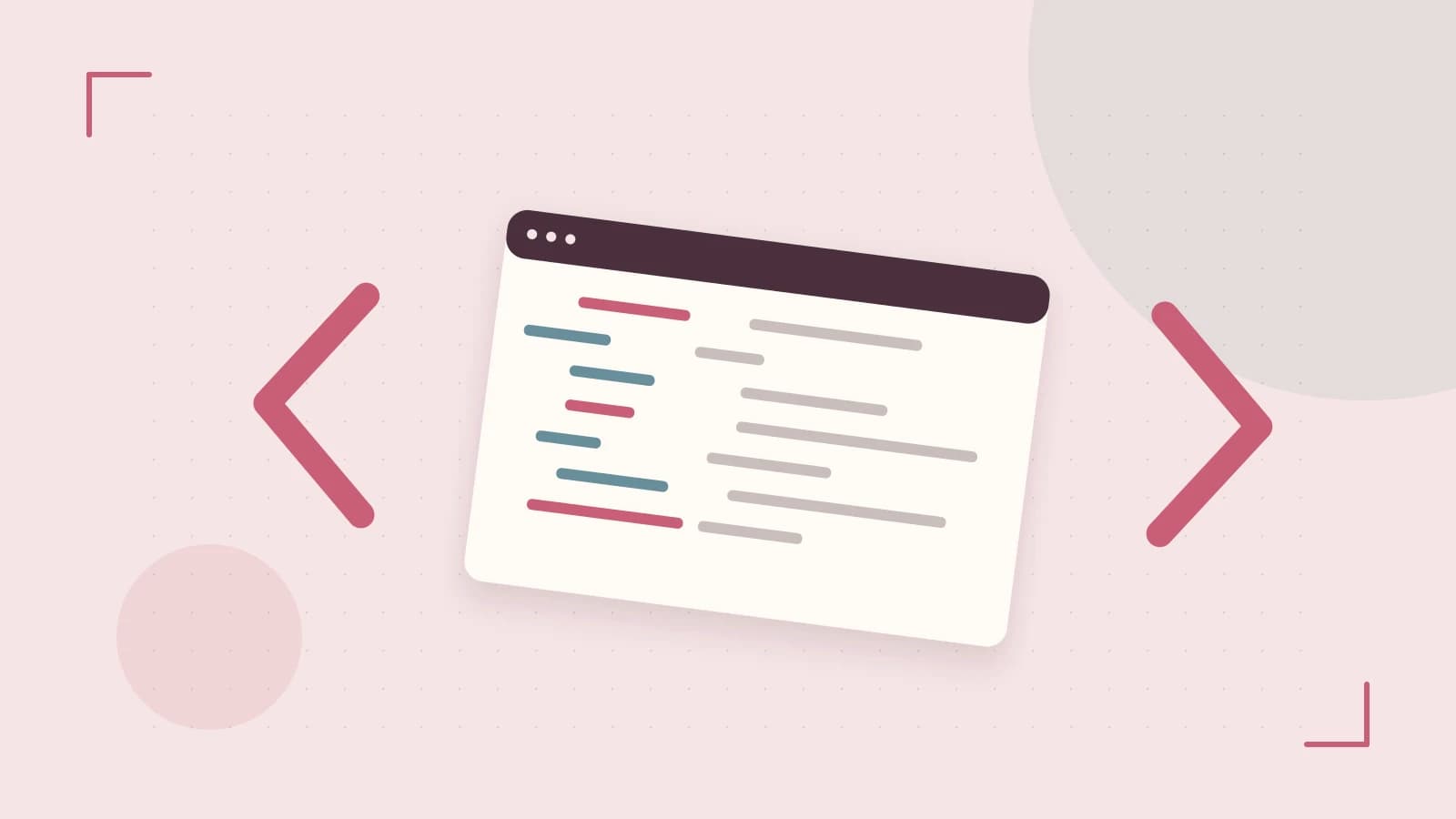 Editorial illustration of an abstract code editor, syntax blocks and oversized programming brackets