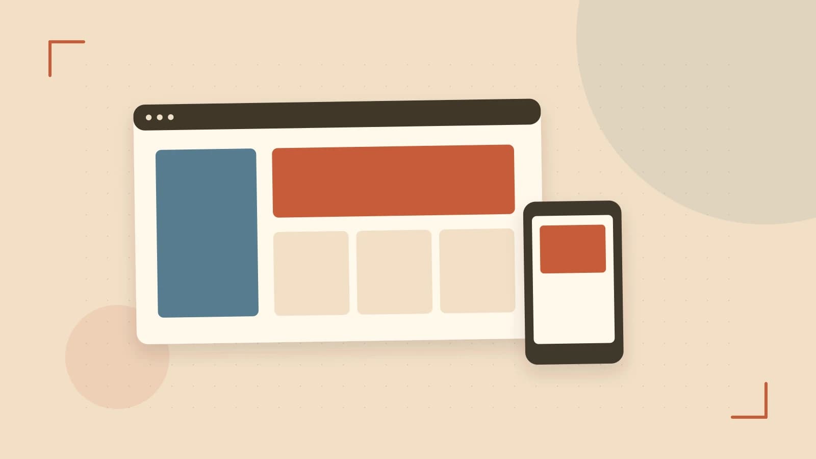 Editorial illustration of responsive browser layouts, overlapping design components and a color system
