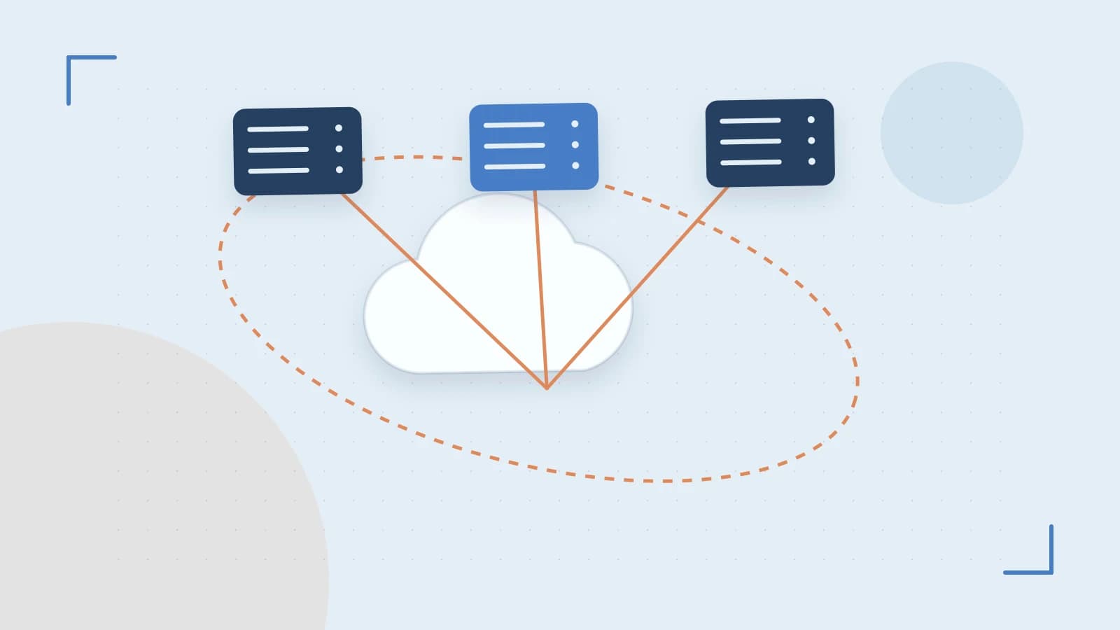 Editorial illustration of cloud infrastructure, connected server racks and an orbital service map