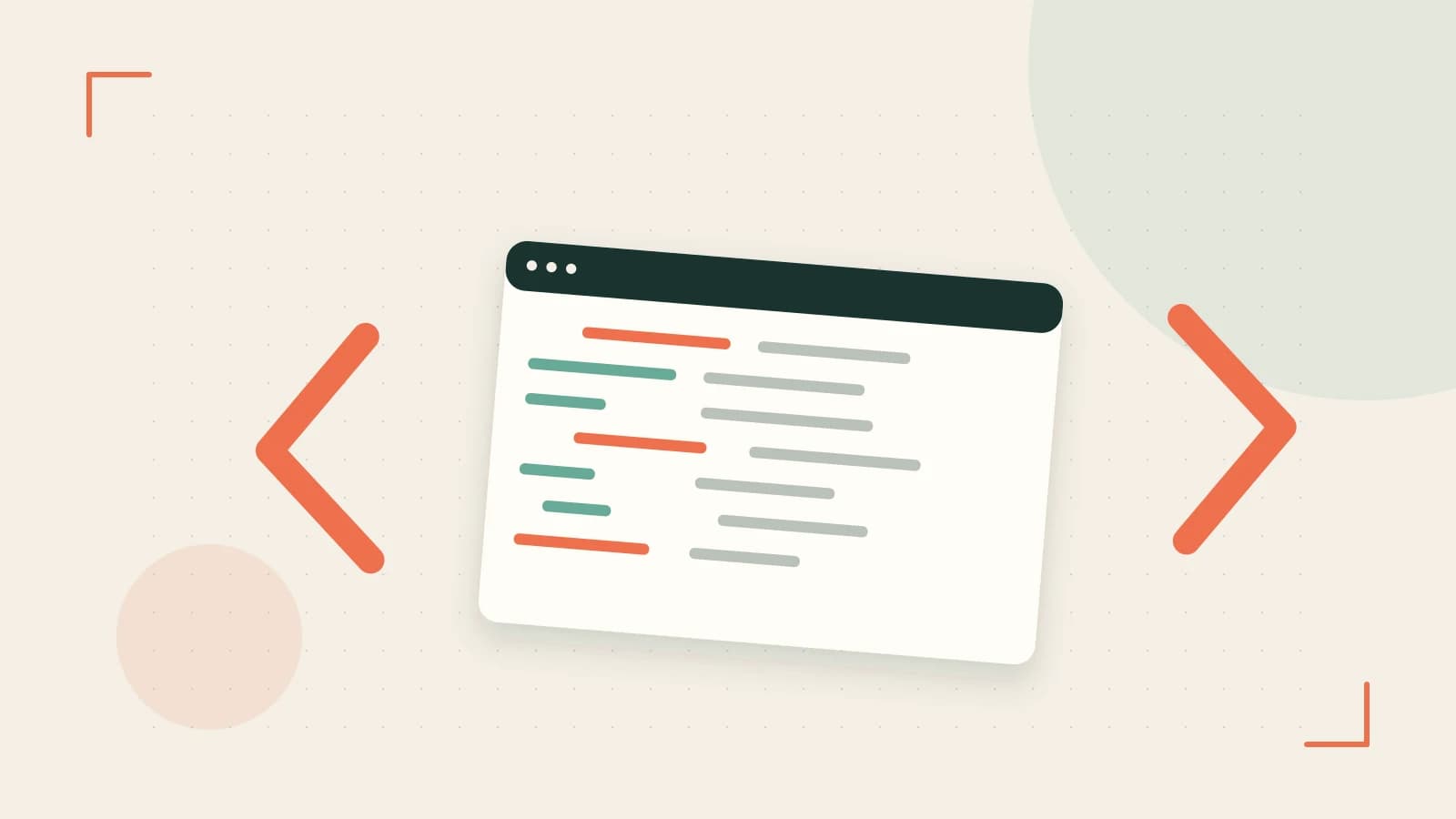 Editorial illustration of an abstract code editor, syntax blocks and oversized programming brackets