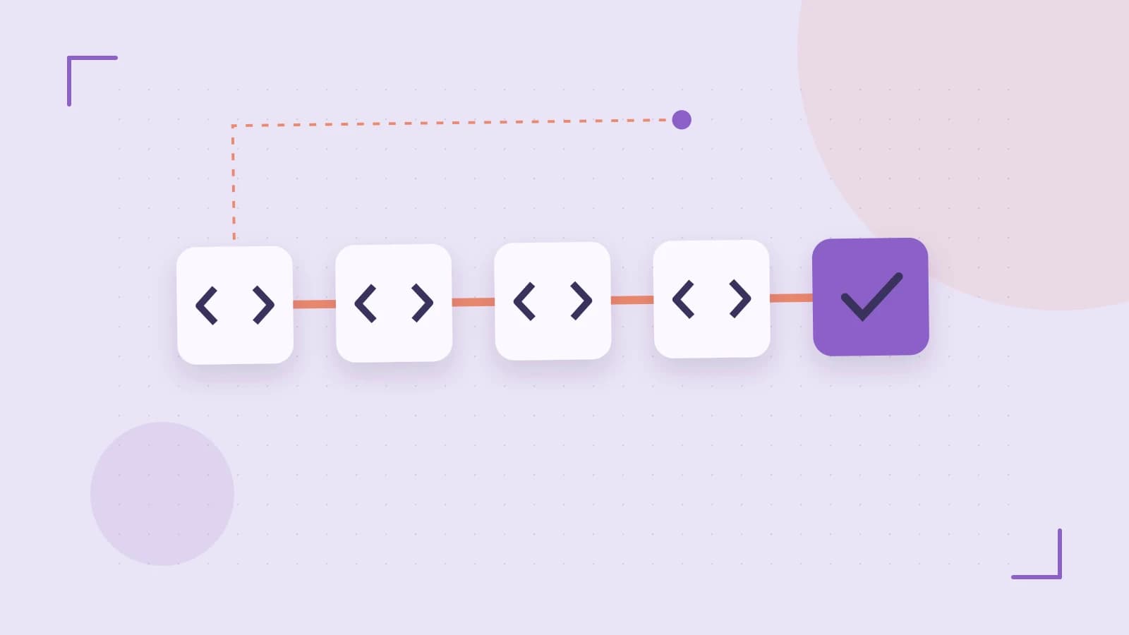 Editorial illustration of a branching build pipeline, staged transformations and a completed check