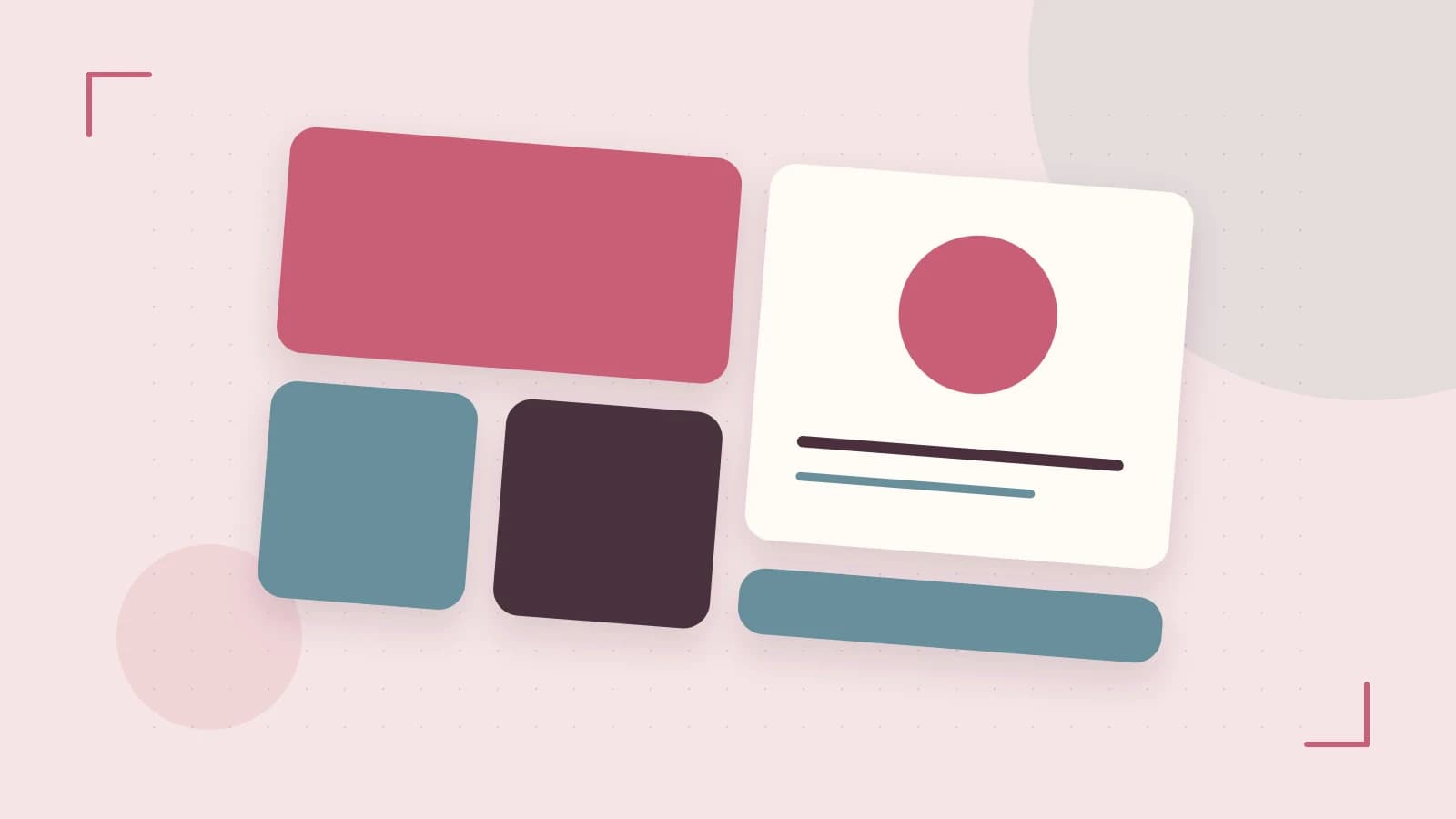 Editorial illustration of responsive browser layouts, overlapping design components and a color system