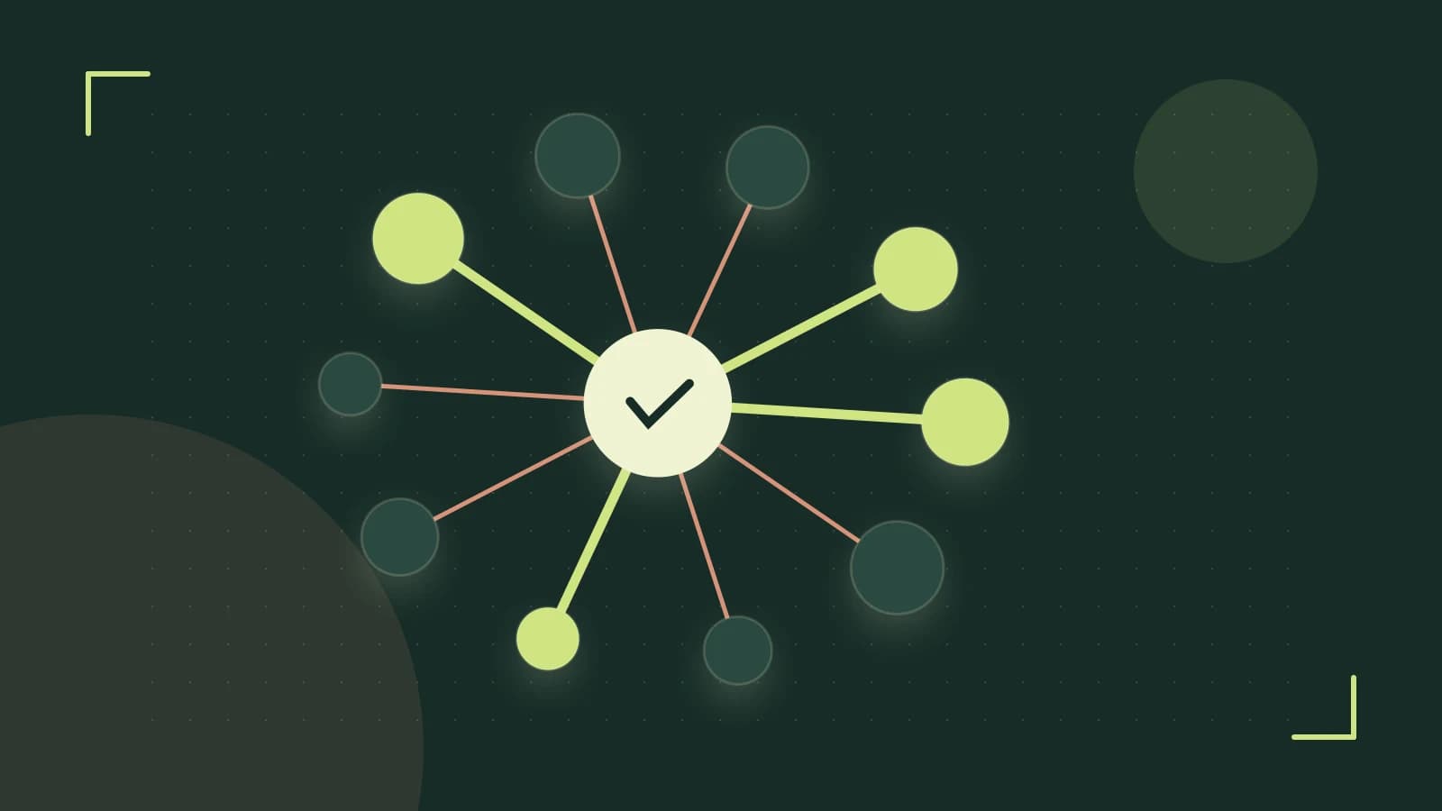 Editorial illustration of an algorithmic node graph with branching paths and a highlighted result
