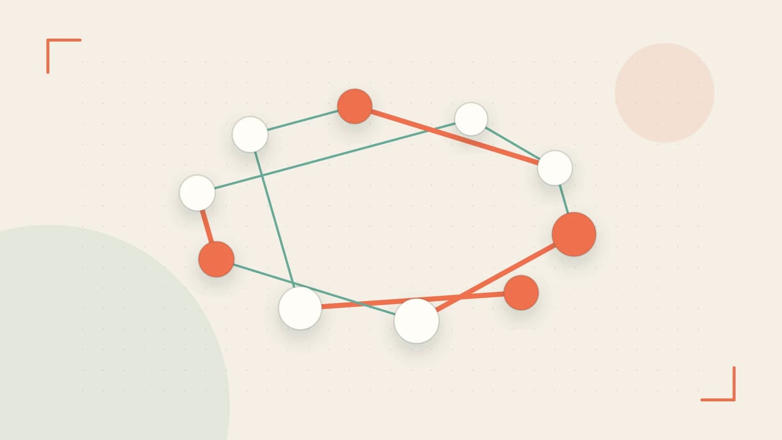 Editorial illustration of an algorithmic node graph with branching paths and a highlighted result