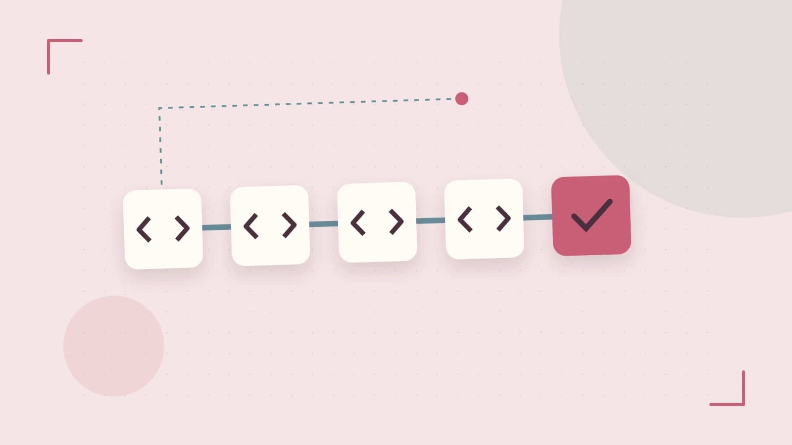 Editorial illustration of a branching build pipeline, staged transformations and a completed check