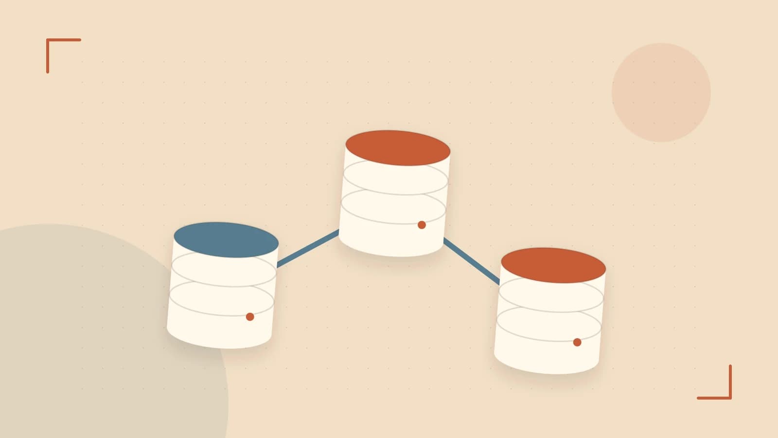 Editorial illustration of structured records, database cylinders and relationships between tables