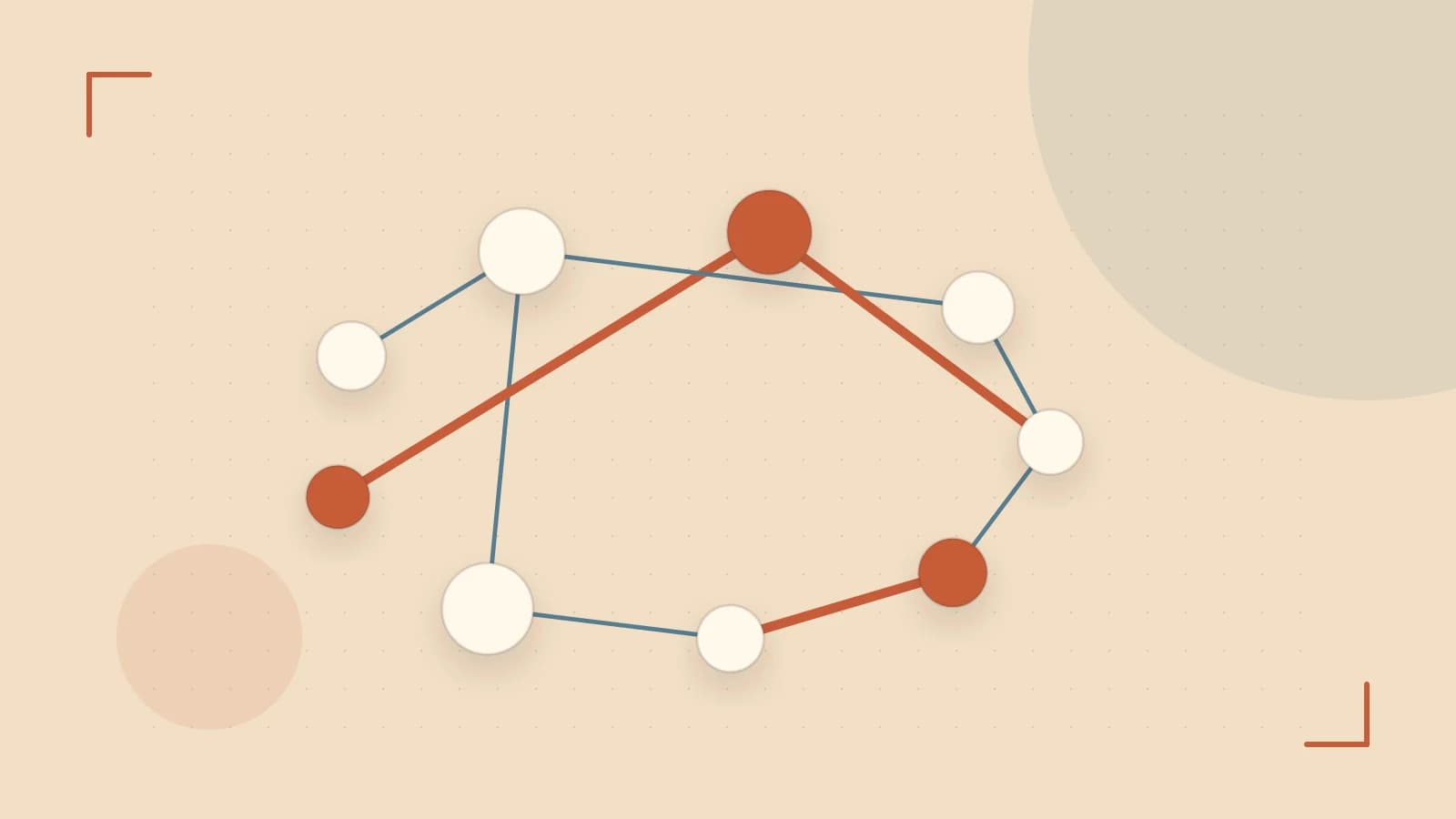 Editorial illustration of an algorithmic node graph with branching paths and a highlighted result
