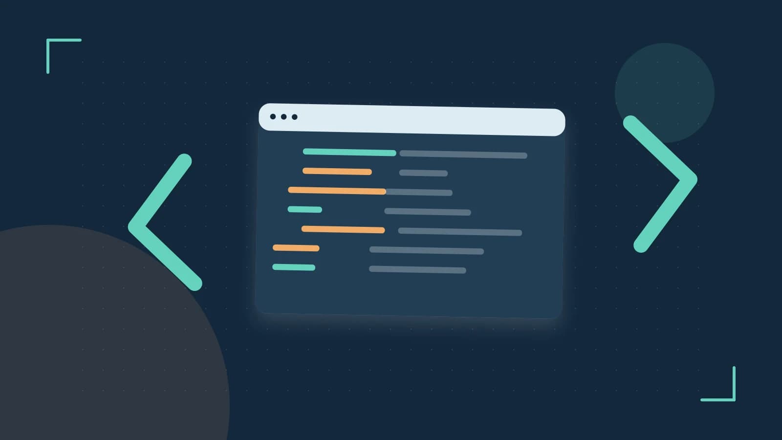 Editorial illustration of an abstract code editor, syntax blocks and oversized programming brackets