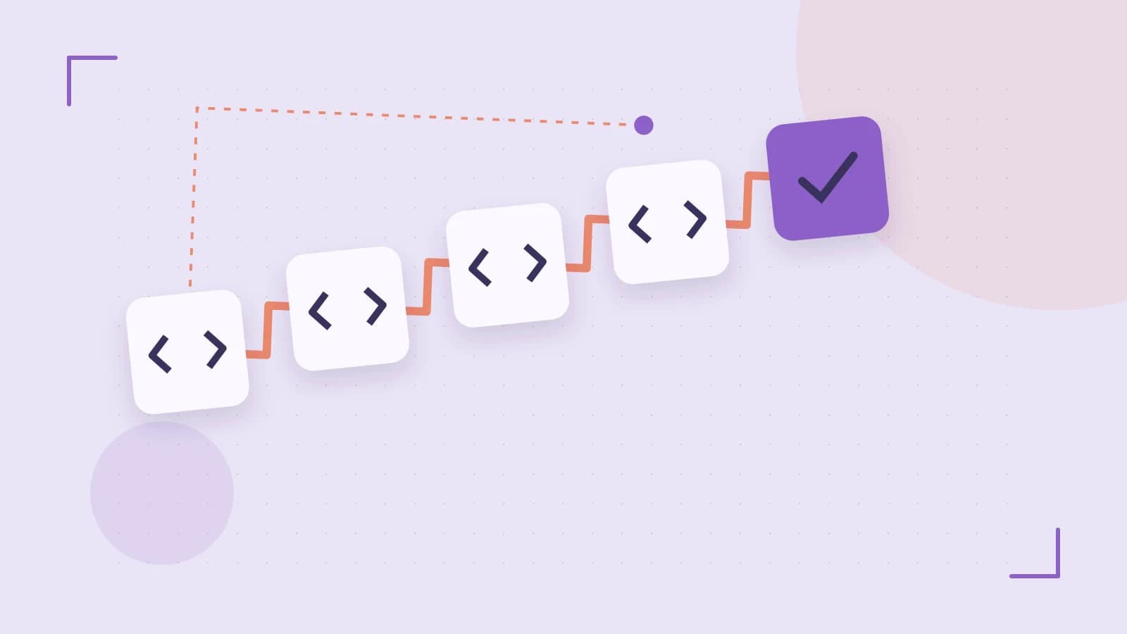 Editorial illustration of a branching build pipeline, staged transformations and a completed check