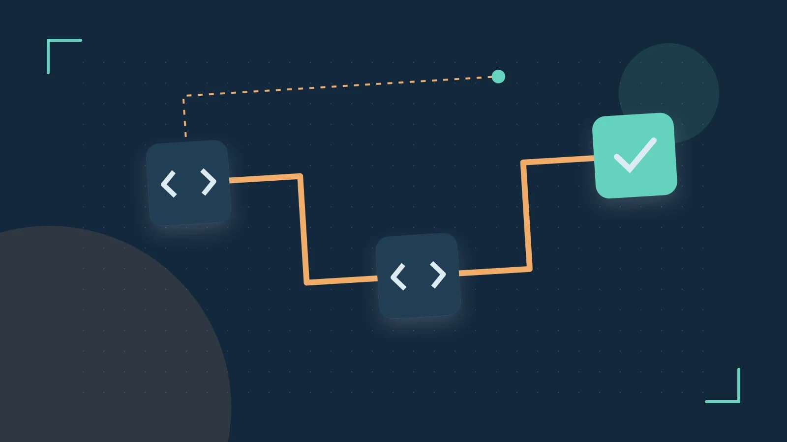 Editorial illustration of a branching build pipeline, staged transformations and a completed check